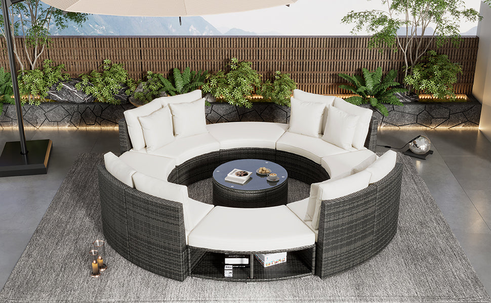 Outdoor Patio Furniture Luxury Circular Outdoor Sofa Set Rattan Wicker Sectional Sofa Lounge Set With Tempered Glass Coffee Table, 6 Pillows,Beige Yes Beige Water Resistant Frame Water Resistant Cushion Garden & Outdoor Sectional Seating Groups Foam