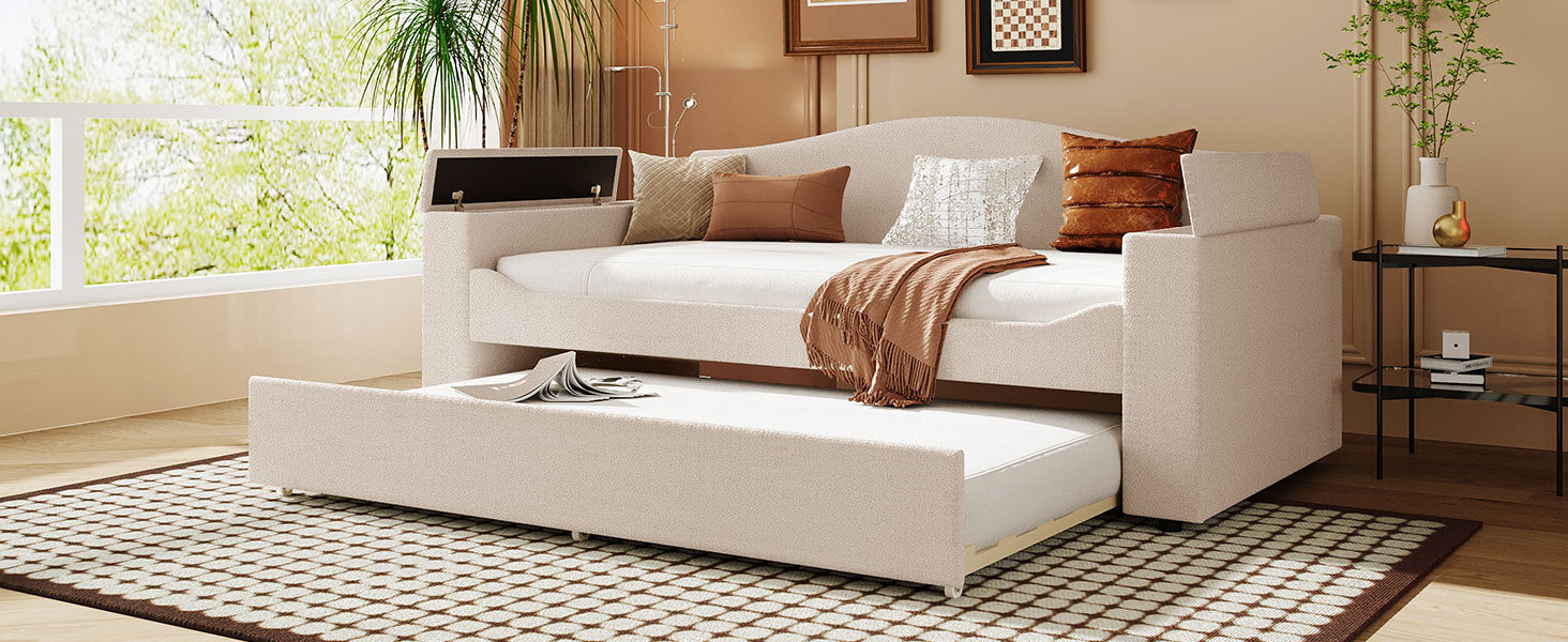 Twin Size Upholstered Daybed With Storage Armrests, Trundle And Latest Integrated Bluetooth Audio System, Teddy Fleece, Beige Beige Fleece