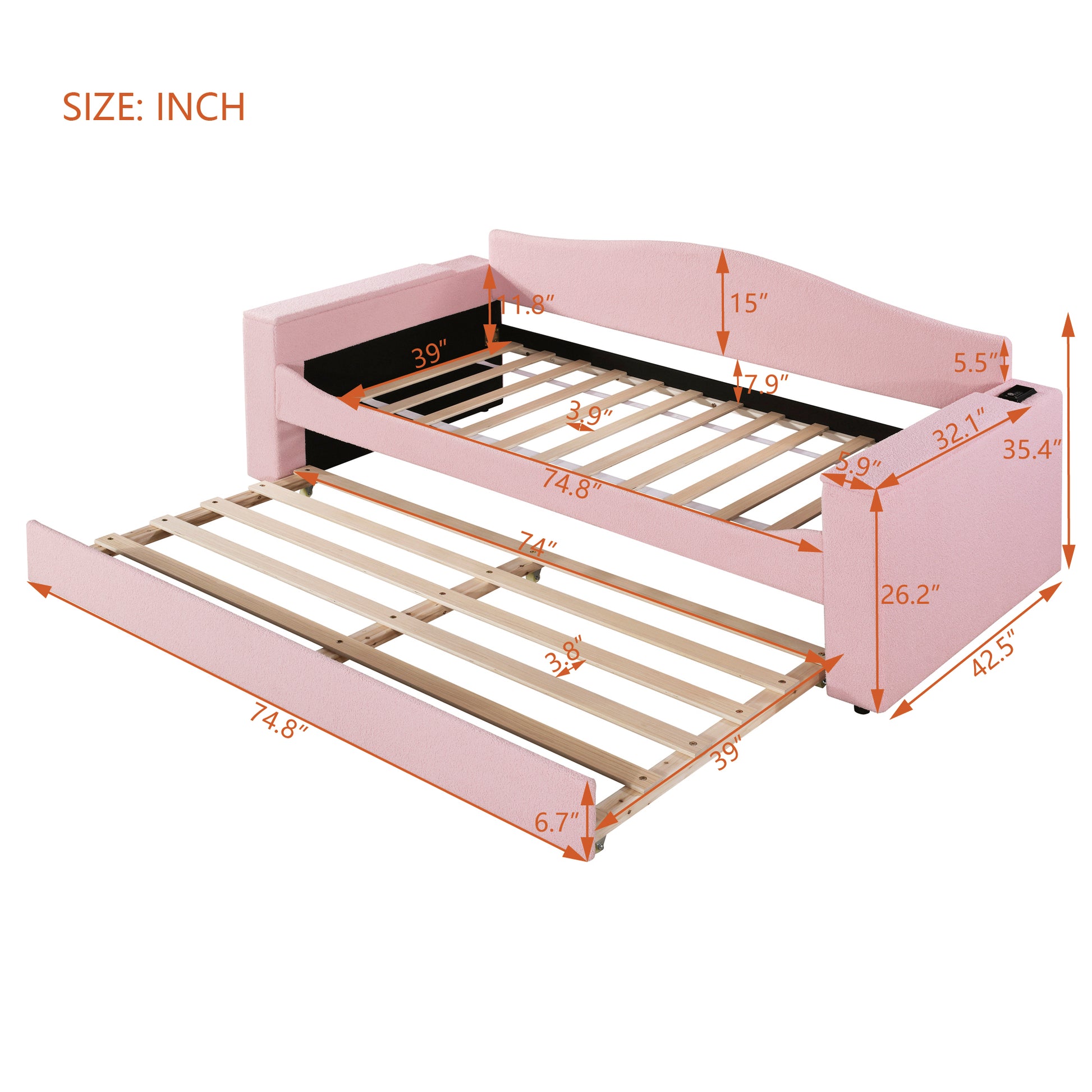 Twin Size Upholstered Daybed With Storage Armrests, Trundle And Latest Integrated Bluetooth Audio System, Teddy Fleece, Pink Pink Fleece