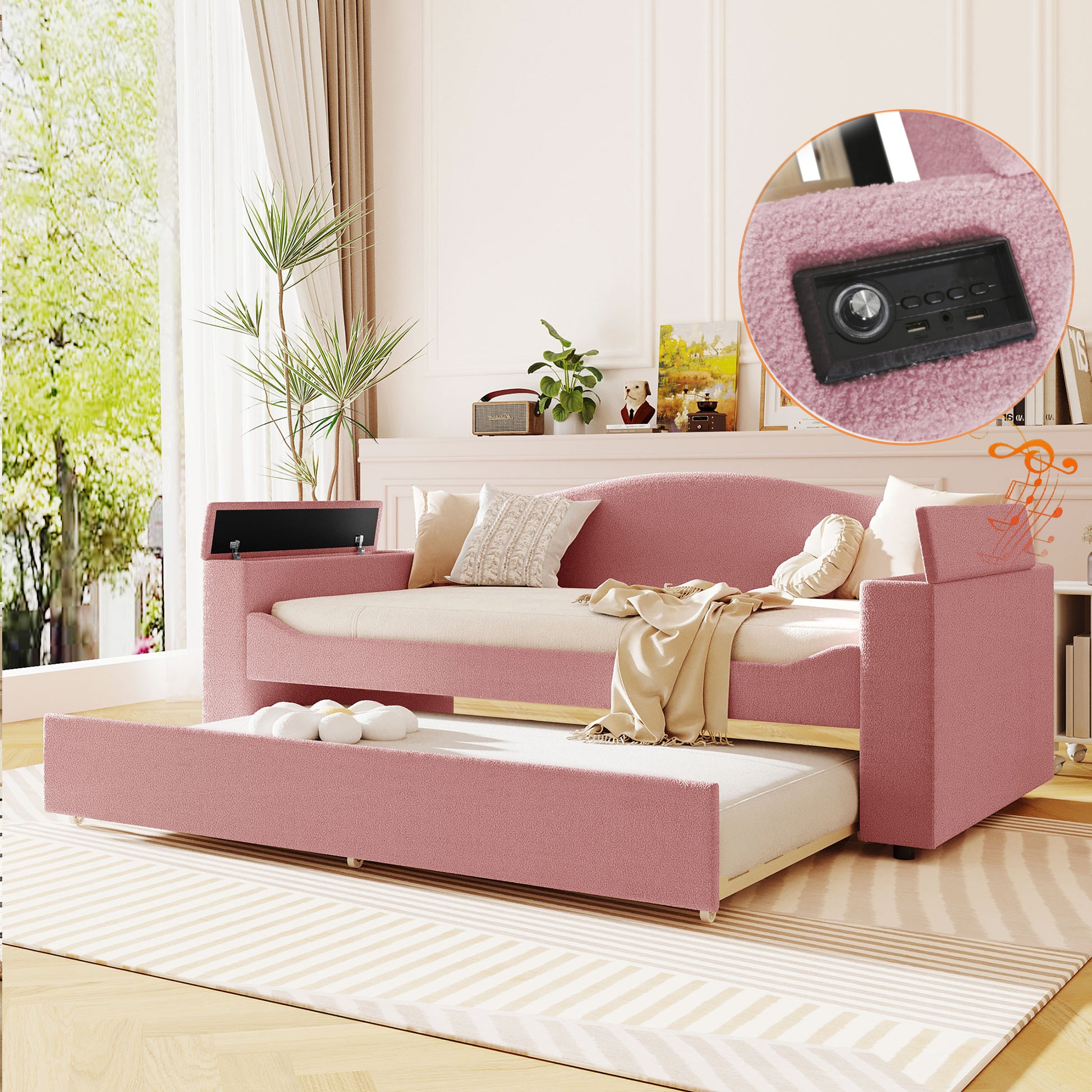 Twin Size Upholstered Daybed With Storage Armrests, Trundle And Latest Integrated Bluetooth Audio System, Teddy Fleece, Pink Pink Fleece