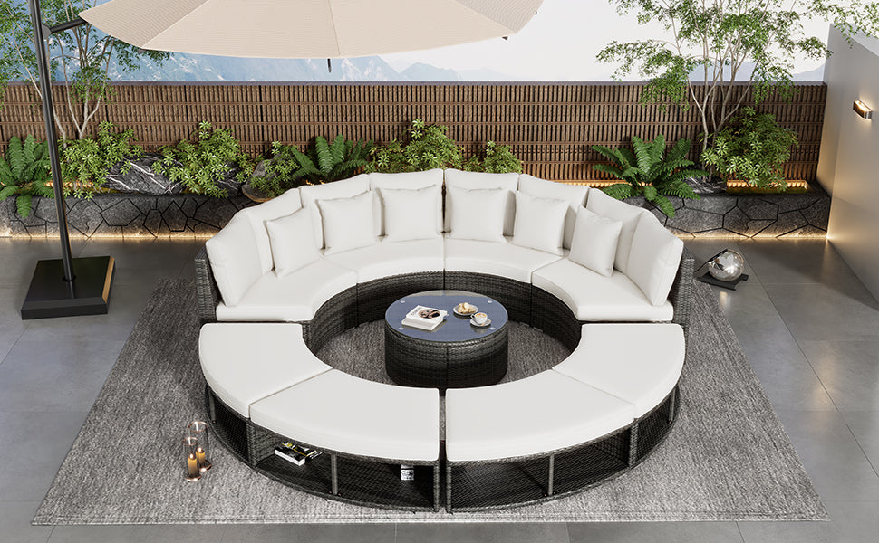 Outdoor Patio Furniture Luxury Circular Outdoor Sofa Set Rattan Wicker Sectional Sofa Lounge Set With Tempered Glass Coffee Table, 6 Pillows,Beige Yes Beige Water Resistant Frame Water Resistant Cushion Garden & Outdoor Sectional Seating Groups Foam