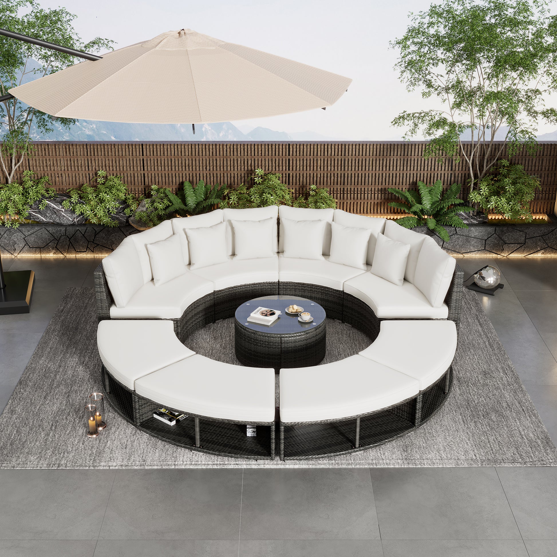 Outdoor Patio Furniture Luxury Circular Outdoor Sofa Set Rattan Wicker Sectional Sofa Lounge Set With Tempered Glass Coffee Table, 6 Pillows,Beige Yes Beige Water Resistant Frame Water Resistant Cushion Garden & Outdoor Sectional Seating Groups Foam