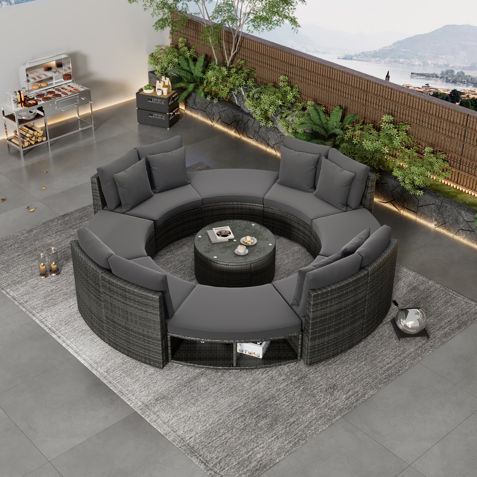 Outdoor Patio Furniture Luxury Circular Outdoor Sofa Set Rattan Wicker Sectional Sofa Lounge Set With Tempered Glass Coffee Table, 6 Pillows, Grey Yes Grey Water Resistant Frame Water Resistant Cushion Garden & Outdoor Sectional Seating Groups Foam