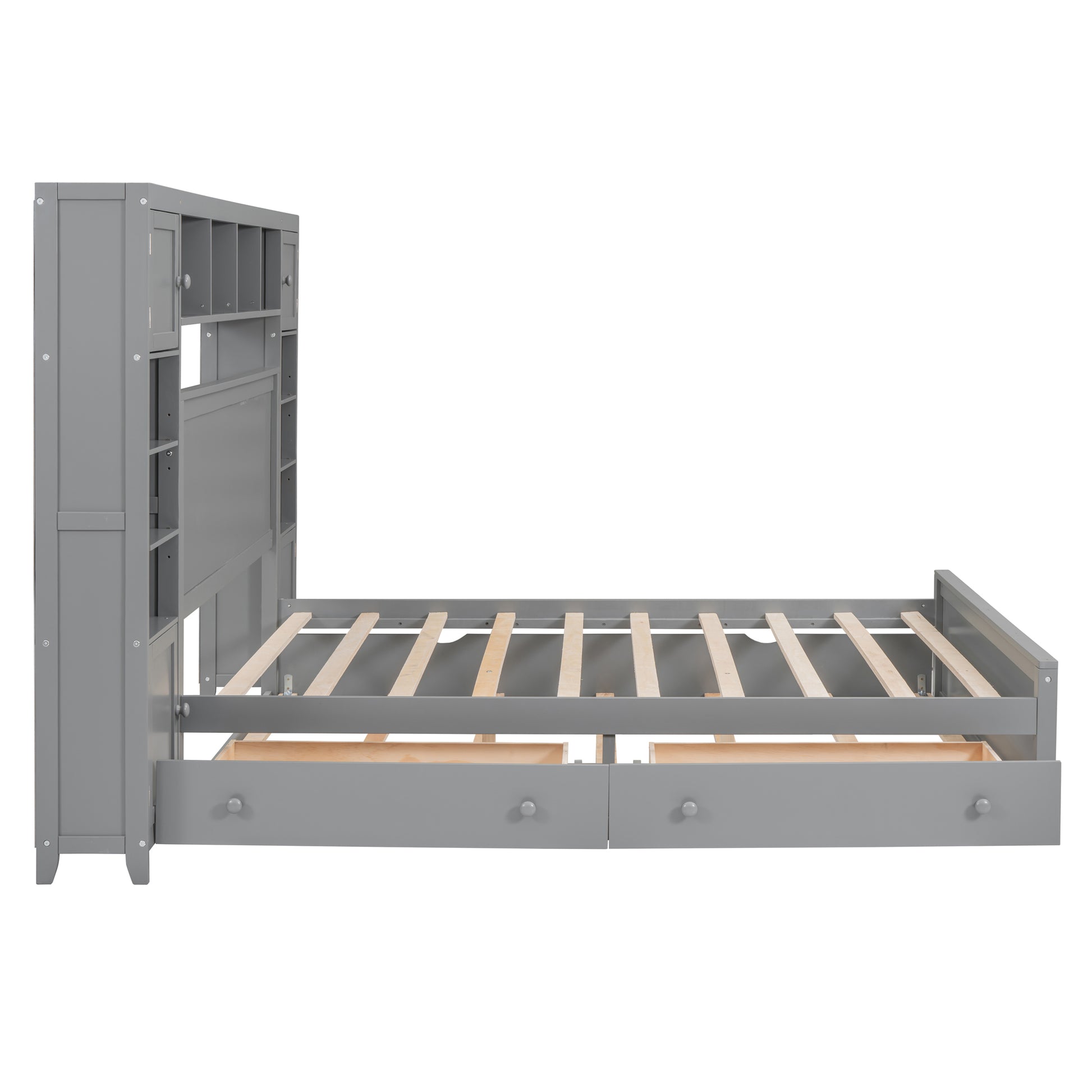 Queen Size Wooden Bed With All In One Cabinet, Shelf And Sockets,Twin Xl Trundle, Gray Queen Gray Solid Wood
