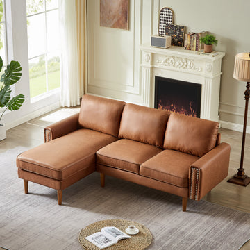 82.2"L Shape Sofa Couch With Chais Mid Century Copper Nail On Arms,Strong Wooden Leg And Suede Fabric Design That Will Complement Any Living Space.Left Chaise, Brown Brown Tech Cloth