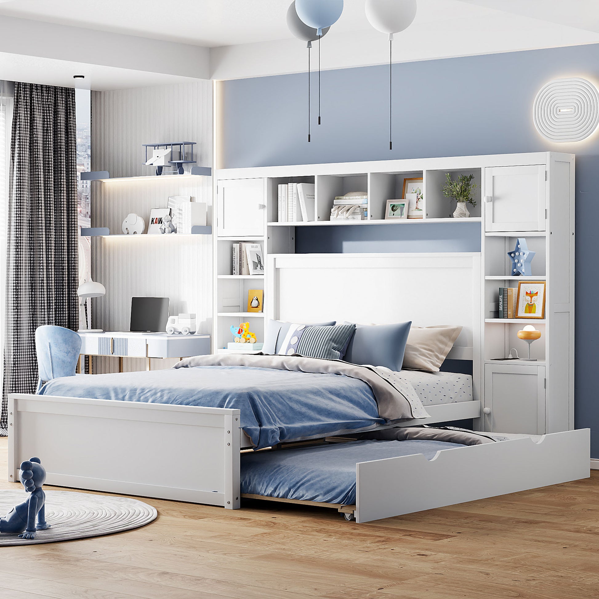 Full Size Wooden Bed With All In One Cabinet, Shelf And Sockets,Twin Size Trundle, White Full White Solid Wood