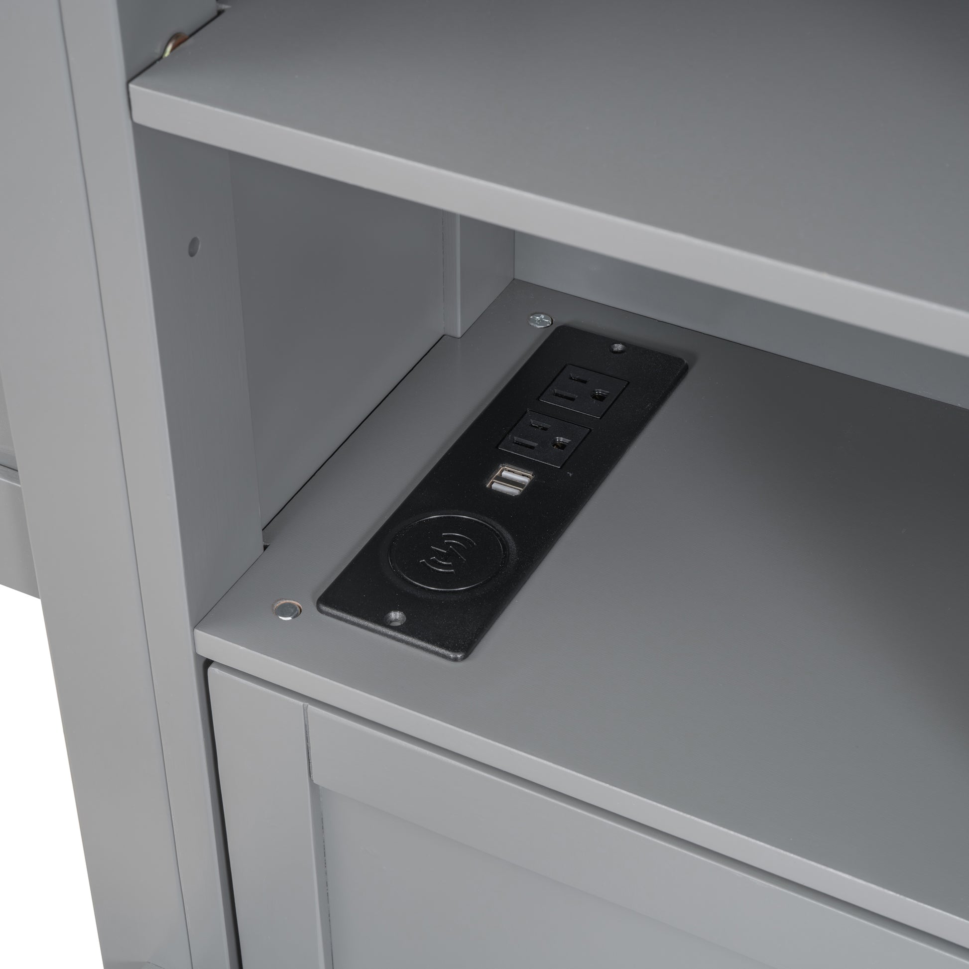 Full Size Wooden Bed With All In One Cabinet, Shelf And Sockets,Twin Size Trundle, Gray Full Gray Solid Wood