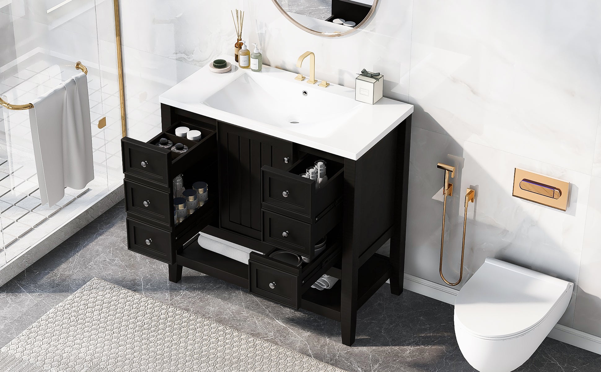 36" Bathroom Vanity With Sink Combo, One Cabinet And Three Drawers, Solid Wood And Mdf Board, Black Old Sku:Sy999505Aab Black Solid Wood Mdf