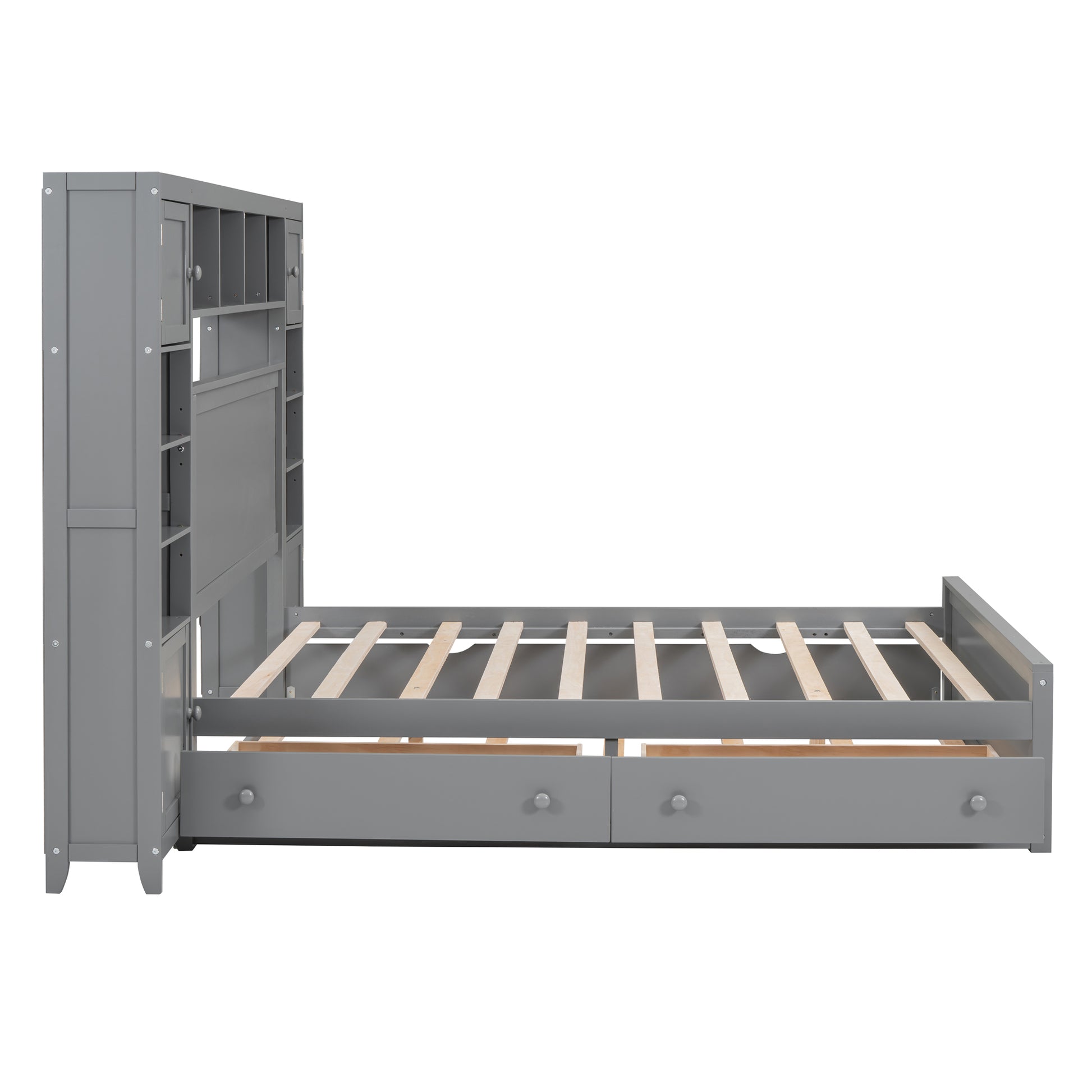 Full Size Wooden Bed With All In One Cabinet, Shelf And Sockets,Twin Size Trundle, Gray Full Gray Solid Wood