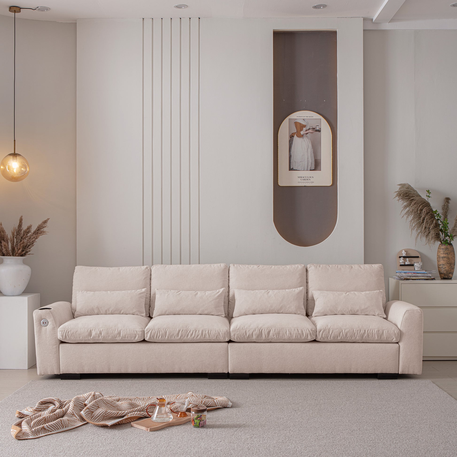 114.5"Modern Modular L Shaped Chenille Sofa Couch Reversible Ottoman With Storage Removable And Washable Cushions Sofa With Usb Ports & Cup Holder For Living Room Beige Modern Foam Chenille