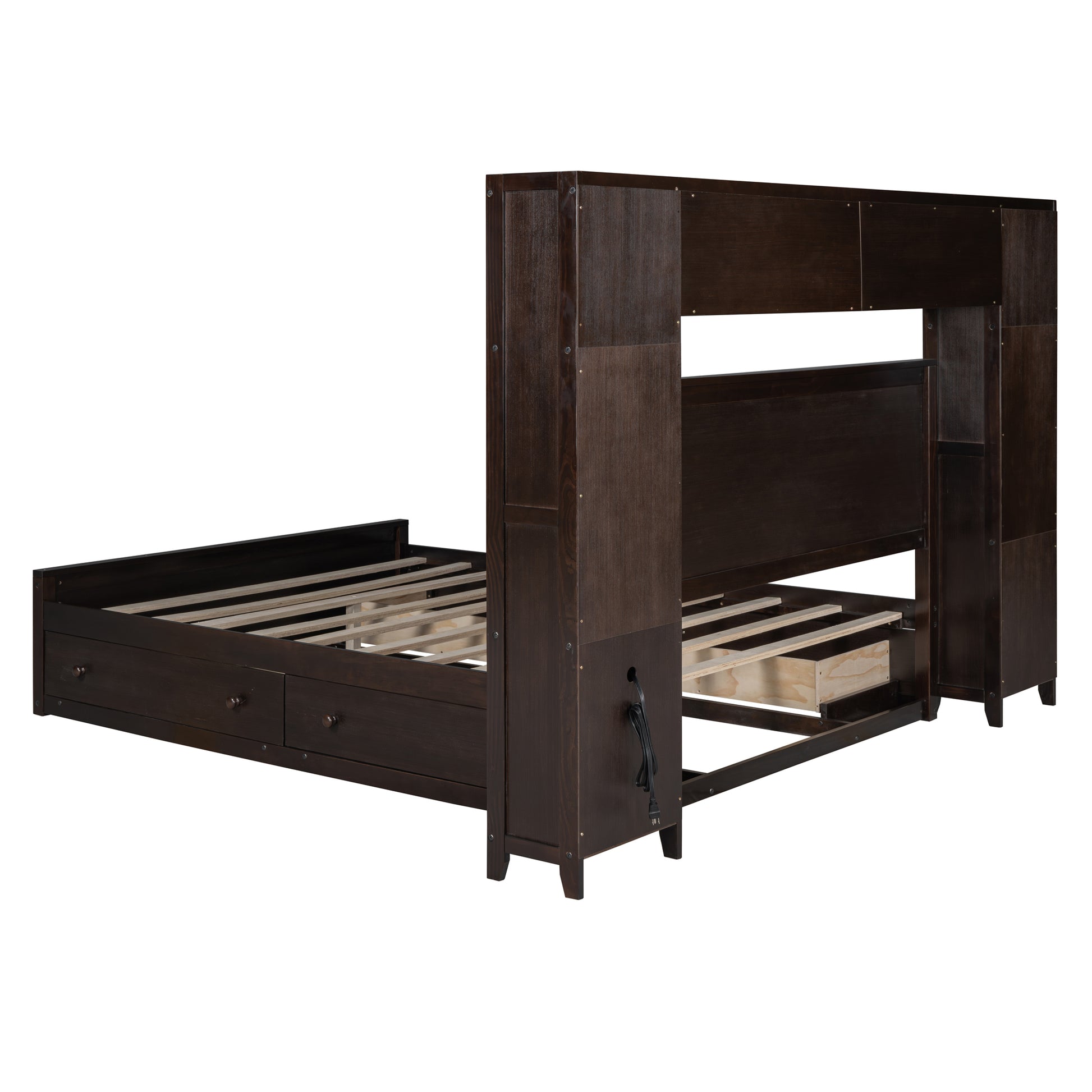 Queen Size Wooden Bed With All In One Cabinet, Shelf And Sockets, Espresso Espresso Solid Wood