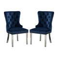 Set Of 2 Wingback Dining Chairs With Button Tufted Back In Blue And Chrome Solid Blue Fabric