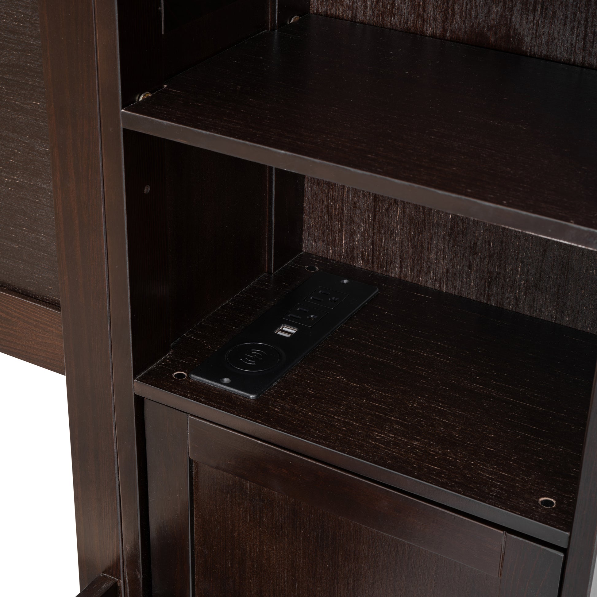 Queen Size Wooden Bed With All In One Cabinet, Shelf And Sockets,Twin Xl Trundle,Espresso Queen Espresso Solid Wood