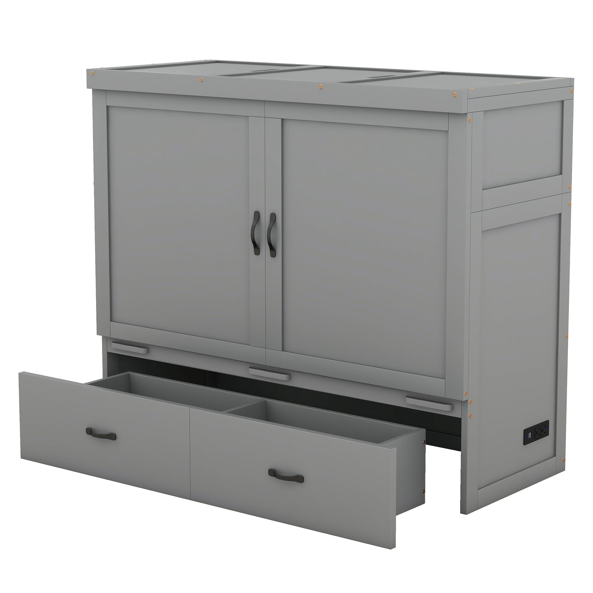Full Size Murphy Bed With Usb Port And A Large Drawer, Gray Gray Solid Wood Mdf