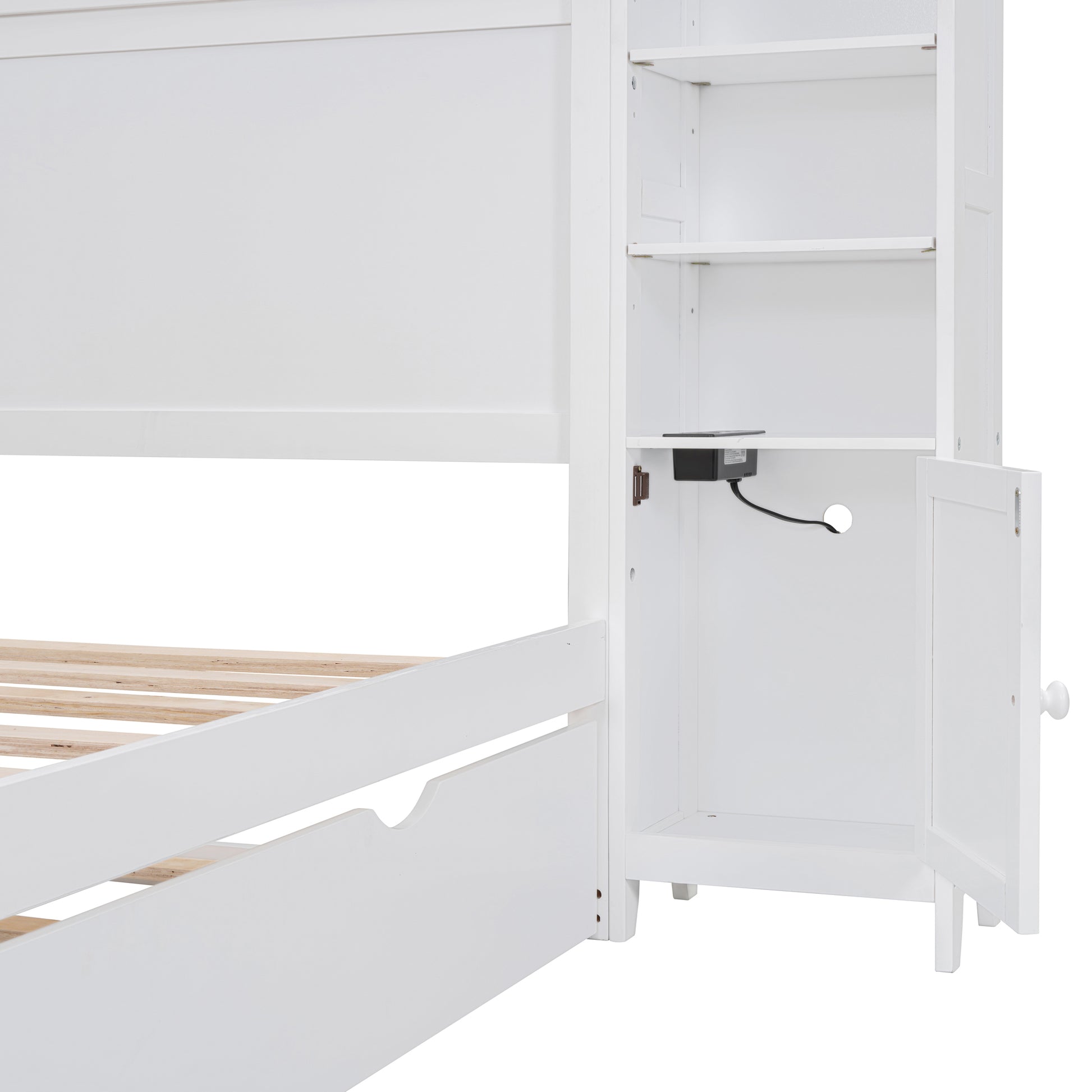 Full Size Wooden Bed With All In One Cabinet, Shelf And Sockets,Twin Size Trundle, White Full White Solid Wood
