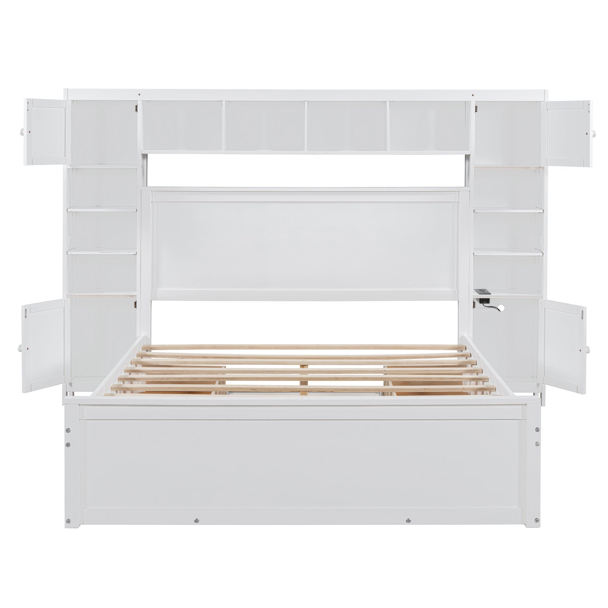 Queen Size Wooden Bed With All In One Cabinet, Shelf And Sockets, White White Solid Wood