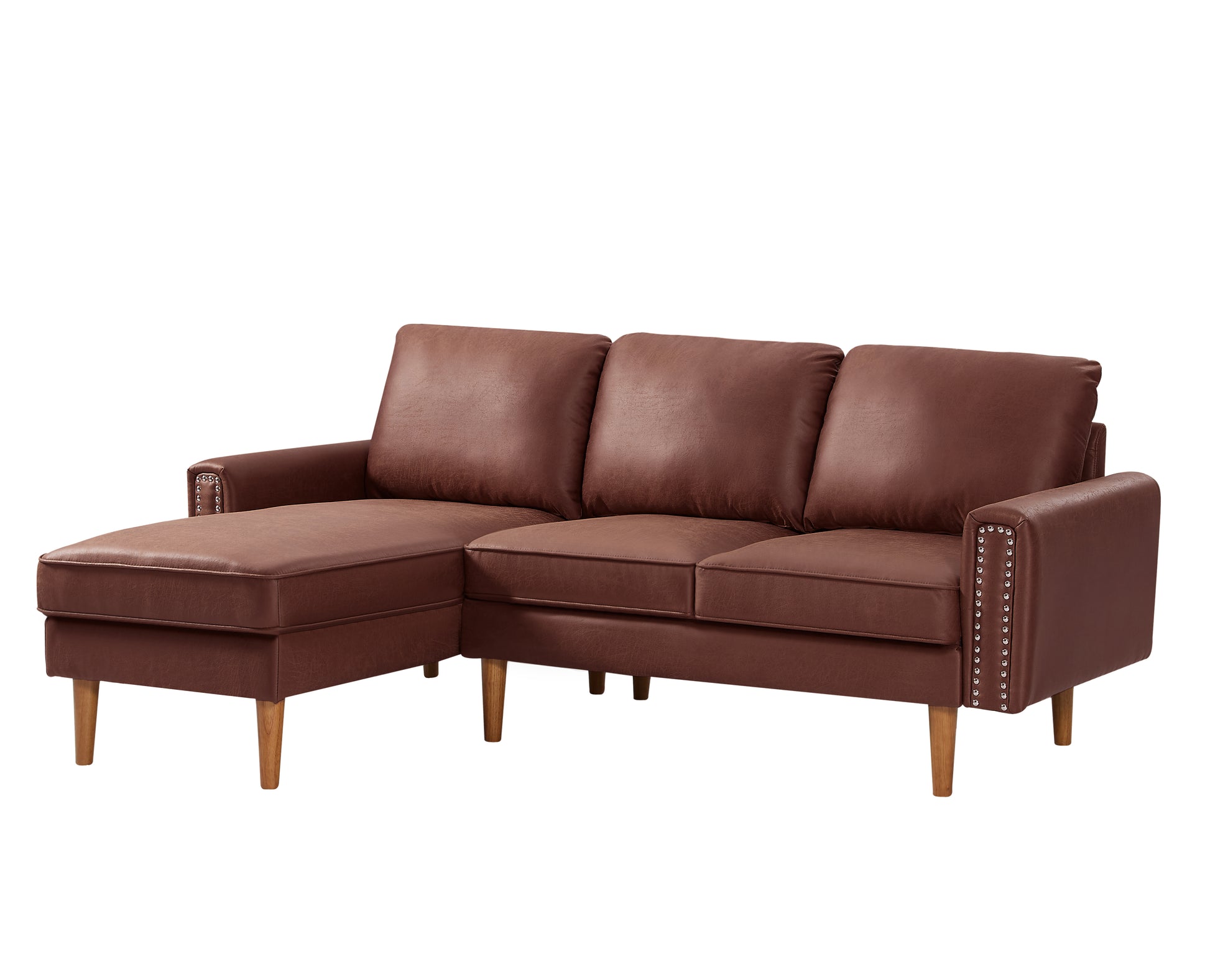 82.2"L Shape Sofa Couch With Chais Mid Century Copper Nail On Arms,Strong Wooden Leg And Suede Fabric Design That Will Complement Any Living Space.Left Chaise,Dark Brown Dark Brown Tech Cloth