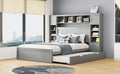 Queen Size Wooden Bed With All In One Cabinet, Shelf And Sockets,Twin Xl Trundle, Gray Queen Gray Solid Wood