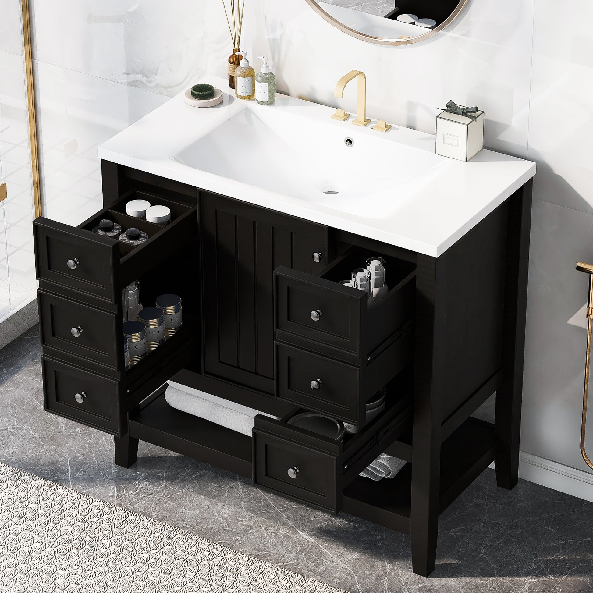 36" Bathroom Vanity With Sink Combo, One Cabinet And Three Drawers, Solid Wood And Mdf Board, Black Old Sku:Sy999505Aab Black Solid Wood Mdf