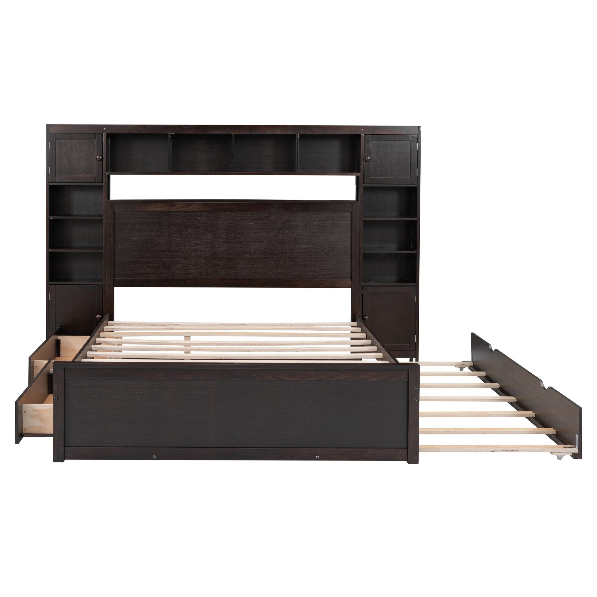 Queen Size Wooden Bed With All In One Cabinet, Shelf And Sockets,Twin Xl Trundle,Espresso Queen Espresso Solid Wood