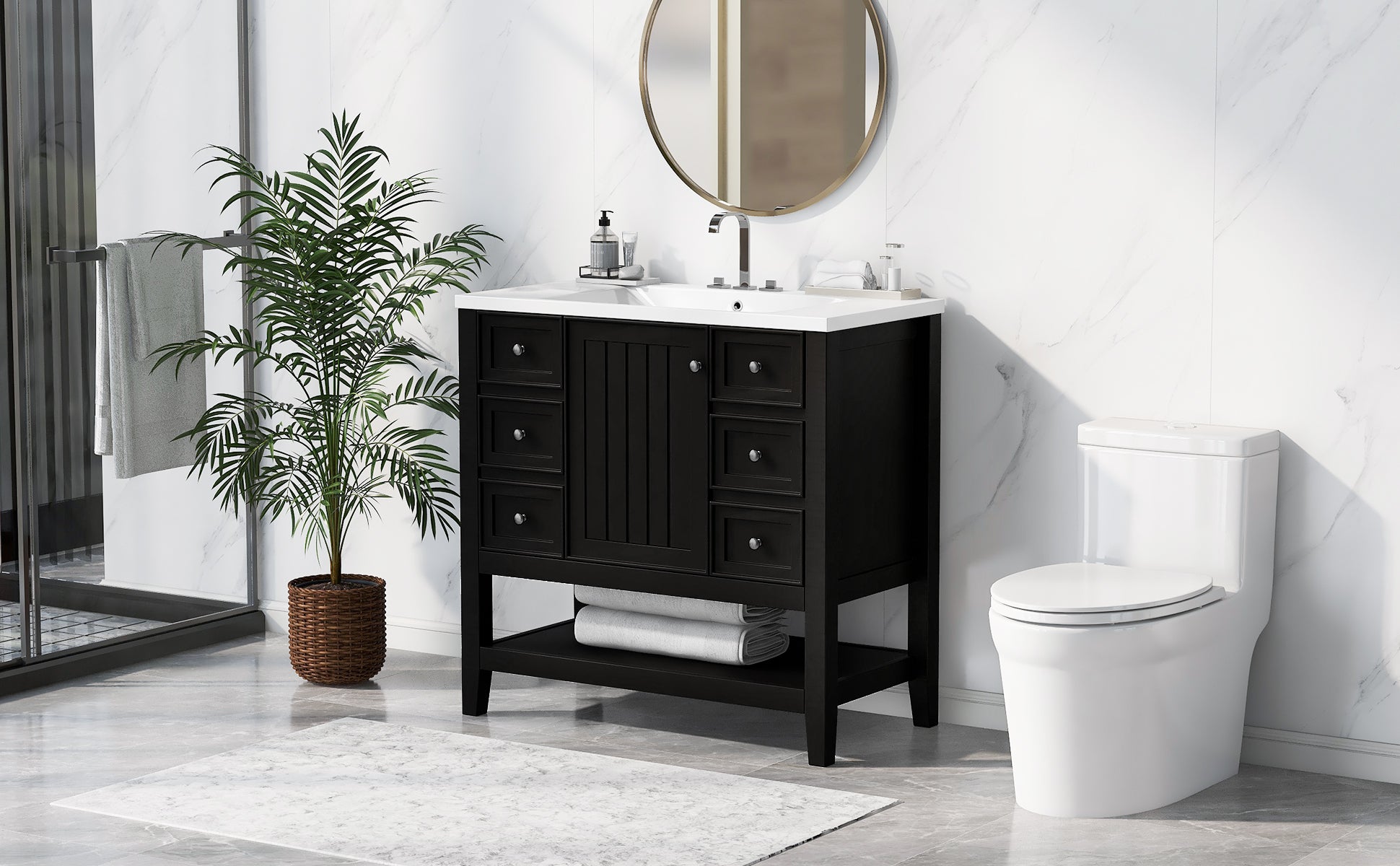 36" Bathroom Vanity With Sink Combo, One Cabinet And Three Drawers, Solid Wood And Mdf Board, Black Old Sku:Sy999505Aab Black Solid Wood Mdf