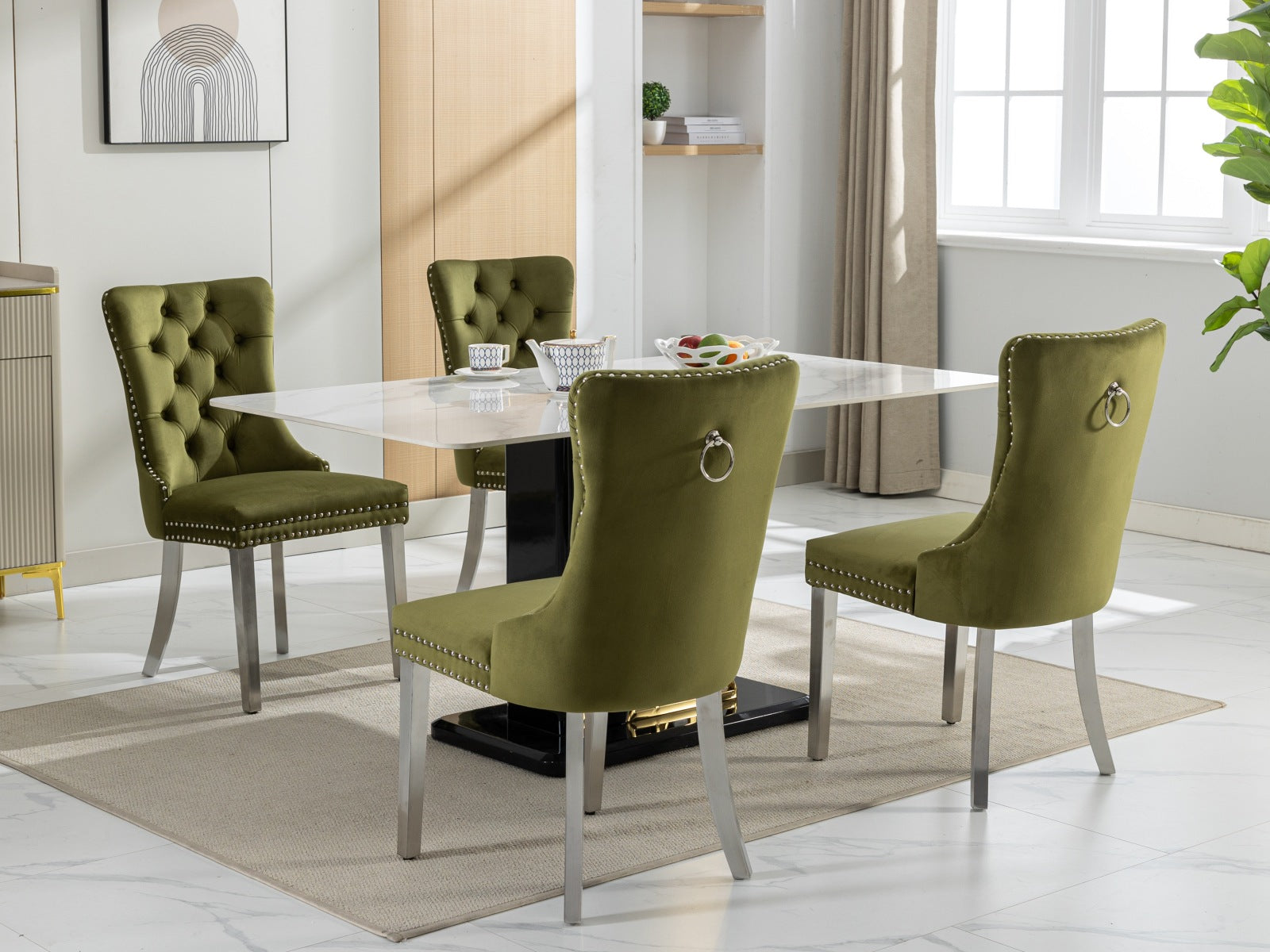 Nikki Collection Modern, High End Tufted Solid Wood Contemporary Velvet Upholstered Dining Chair With Chrome Stainless Steel Plating Legs,Nailhead Trim,Set Of 2,Olive Green And Chrome, Sw1701Ol Olive Green Dining Room American Design Rubberwood Foam