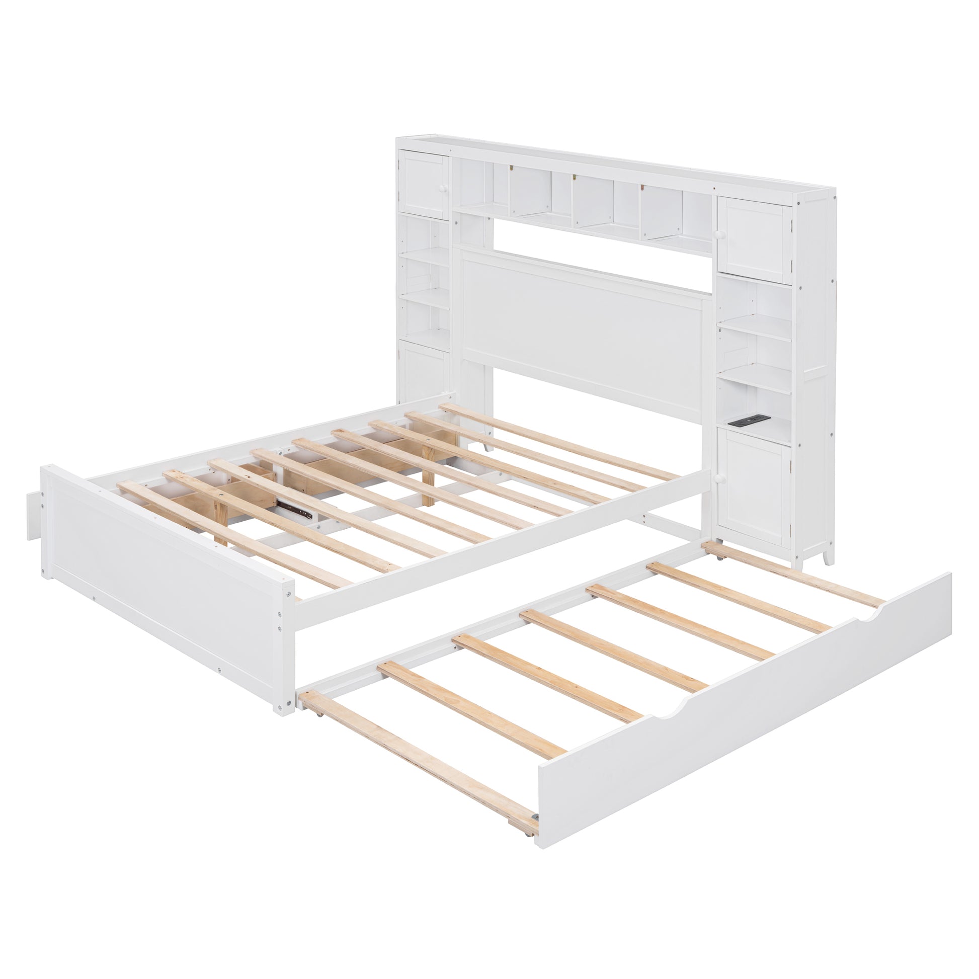 Full Size Wooden Bed With All In One Cabinet, Shelf And Sockets,Twin Size Trundle, White Full White Solid Wood