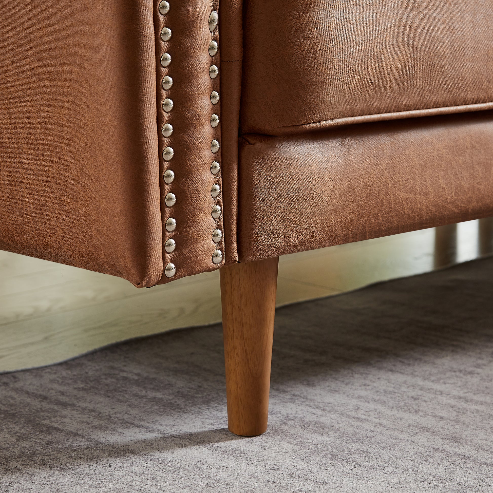 82.2"L Shape Sofa Couch With Chais Mid Century Copper Nail On Arms,Strong Wooden Leg And Suede Fabric Design That Will Complement Any Living Space.Left Chaise, Brown Brown Tech Cloth