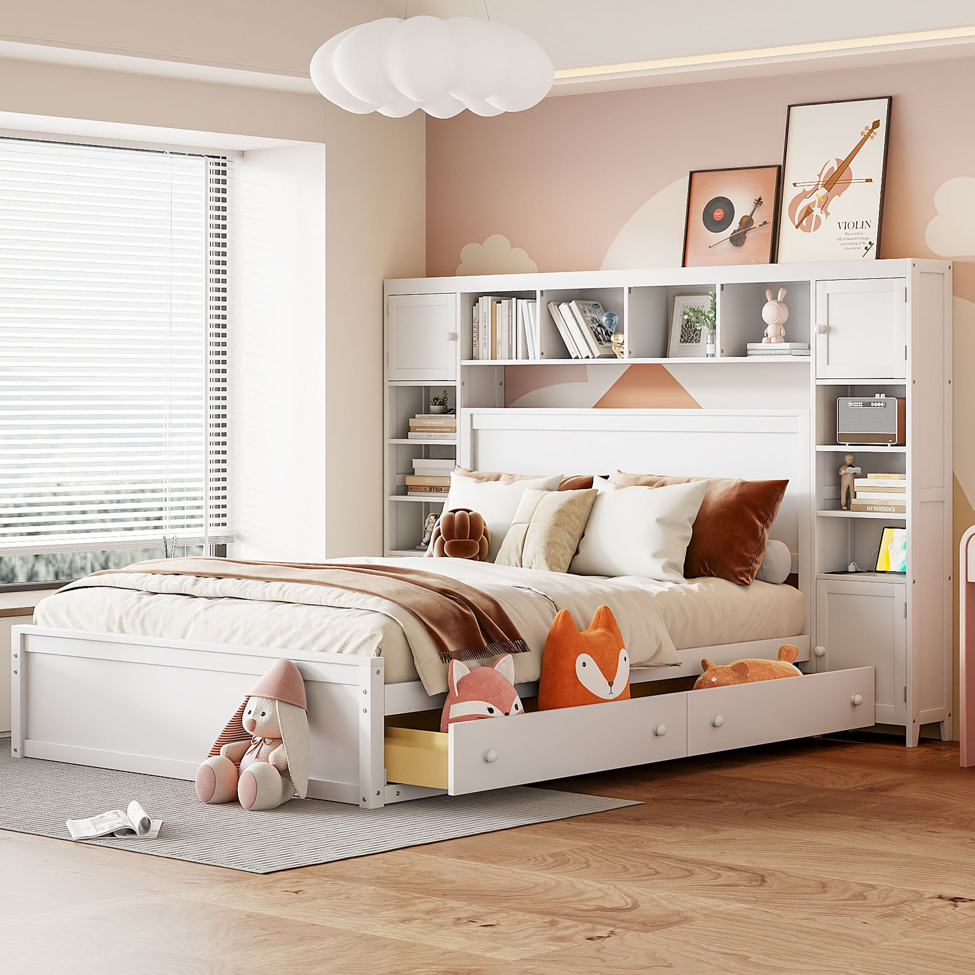 Queen Size Wooden Bed With All In One Cabinet, Shelf And Sockets, White White Solid Wood