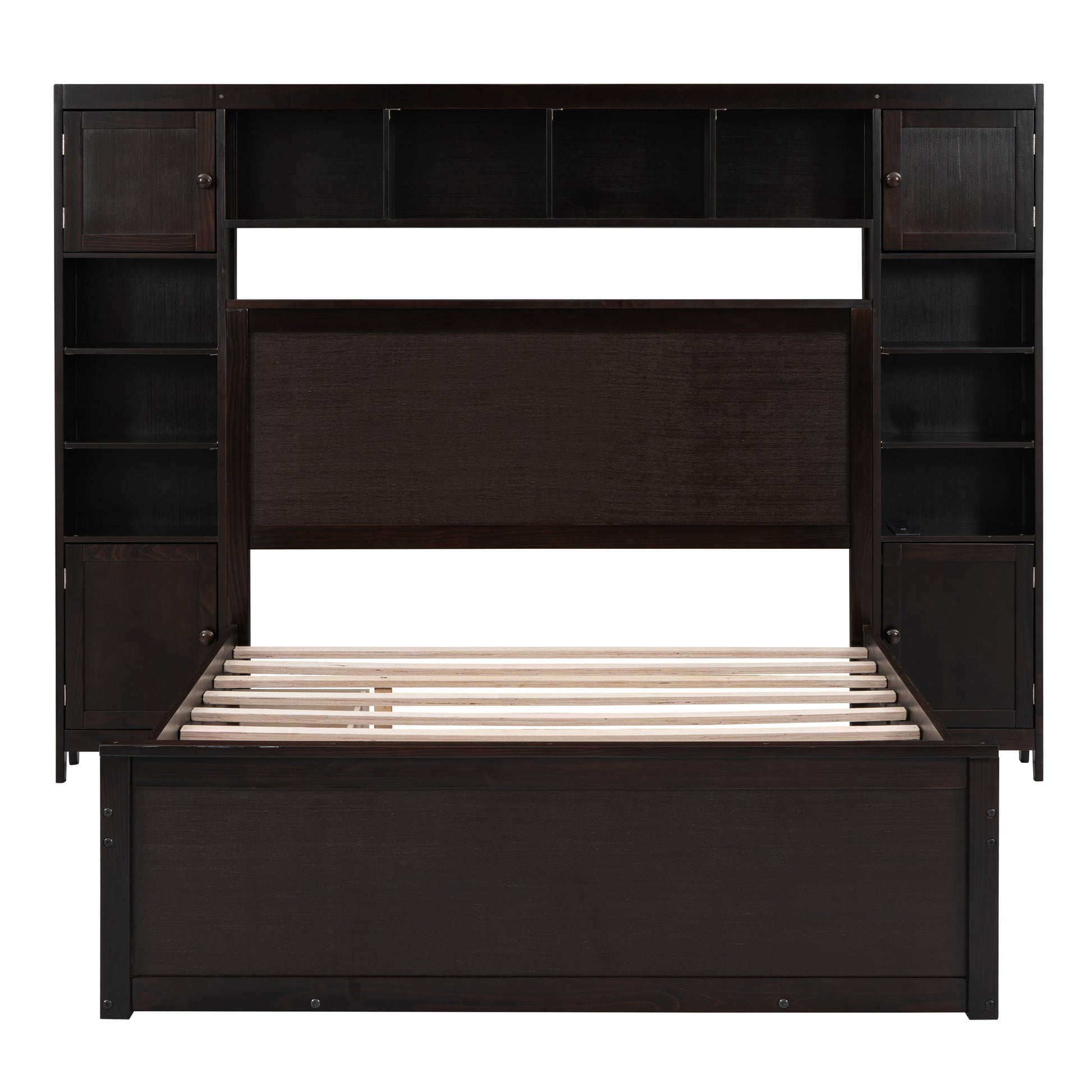 Full Size Wooden Bed With All In One Cabinet, Shelf And Sockets,Twin Size Trundle, Espresso Full Espresso Solid Wood
