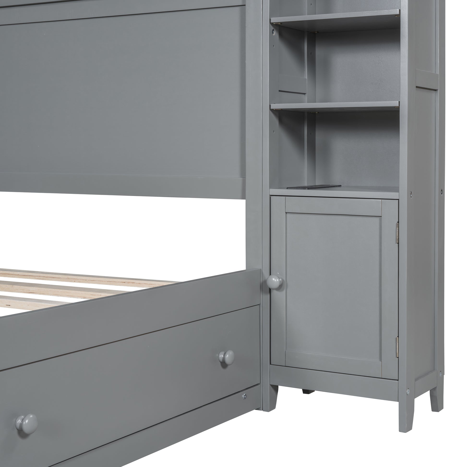 Queen Size Wooden Bed With All In One Cabinet, Shelf And Sockets, Gray Gray Solid Wood