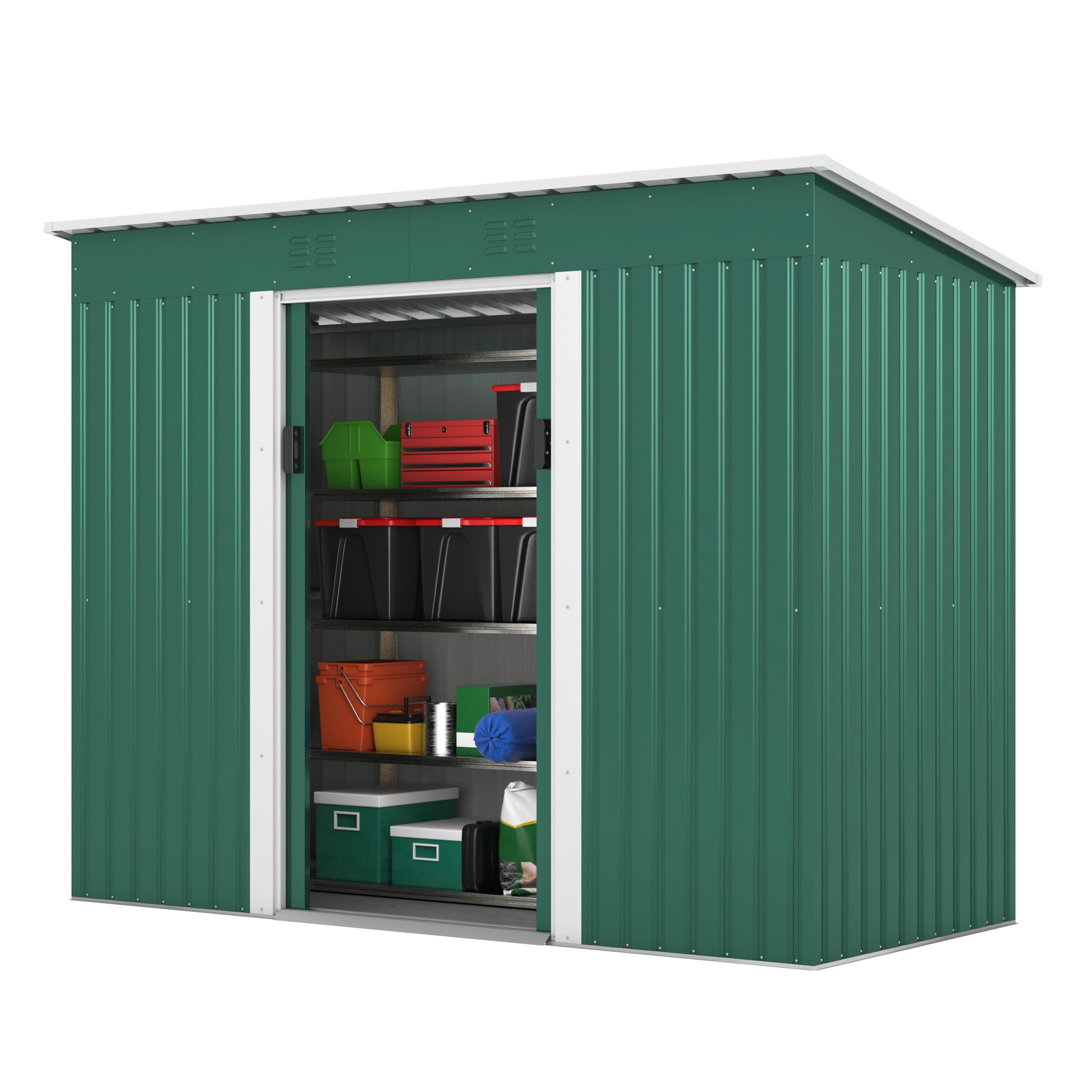 4.2 X 9.1 Ft Outdoor Storage Shed, Metal Tool Shed With Lockable Doors Vents, Utility Garden Shed For Patio Lawn Backyard, Green Green Metal