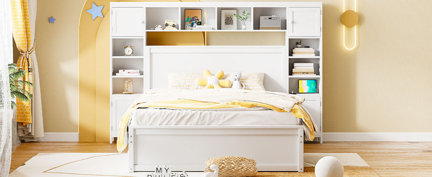 Queen Size Wooden Bed With All In One Cabinet, Shelf And Sockets,Twin Xl Trundle,White Queen White Solid Wood