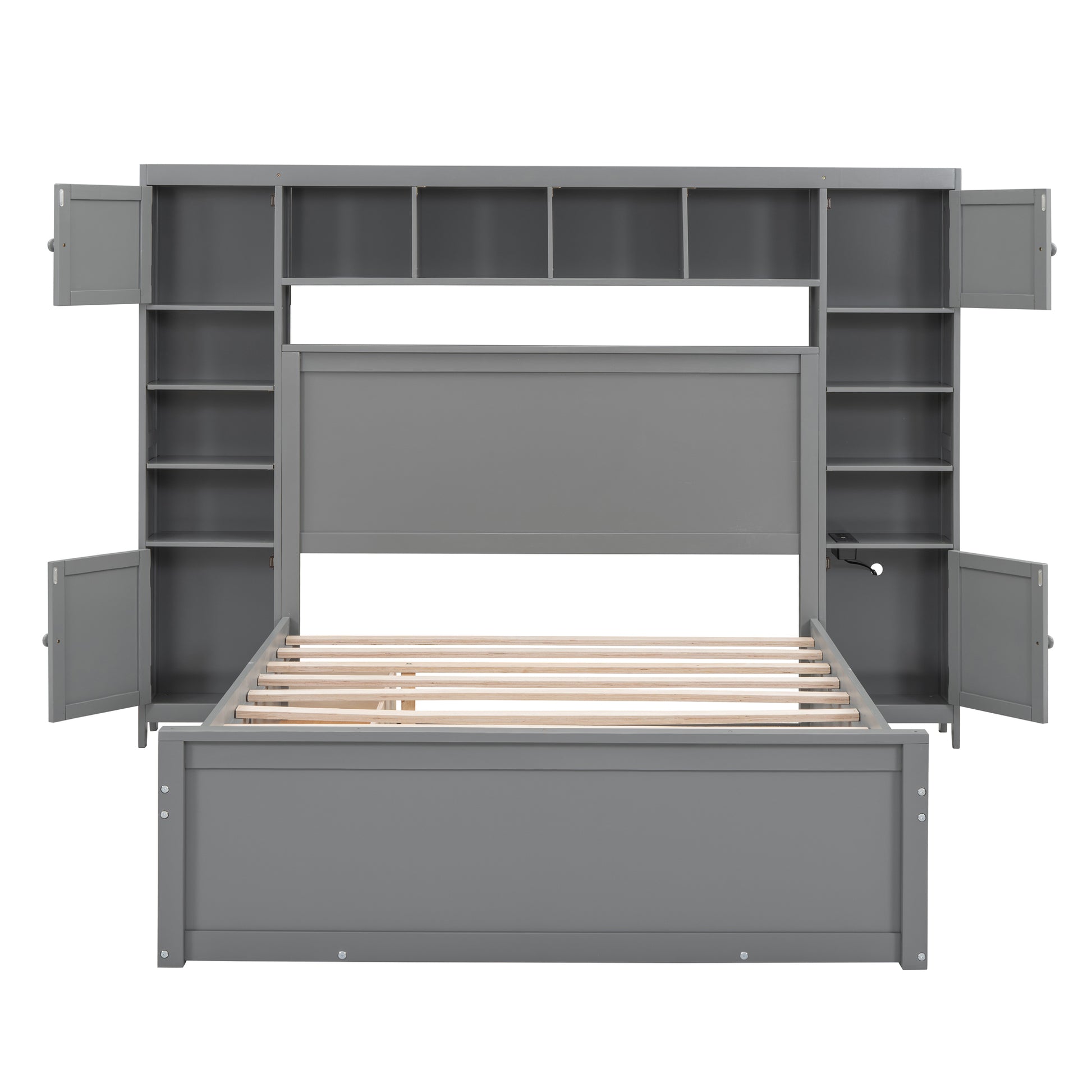 Full Size Wooden Bed With All In One Cabinet, Shelf And Sockets,Twin Size Trundle, Gray Full Gray Solid Wood