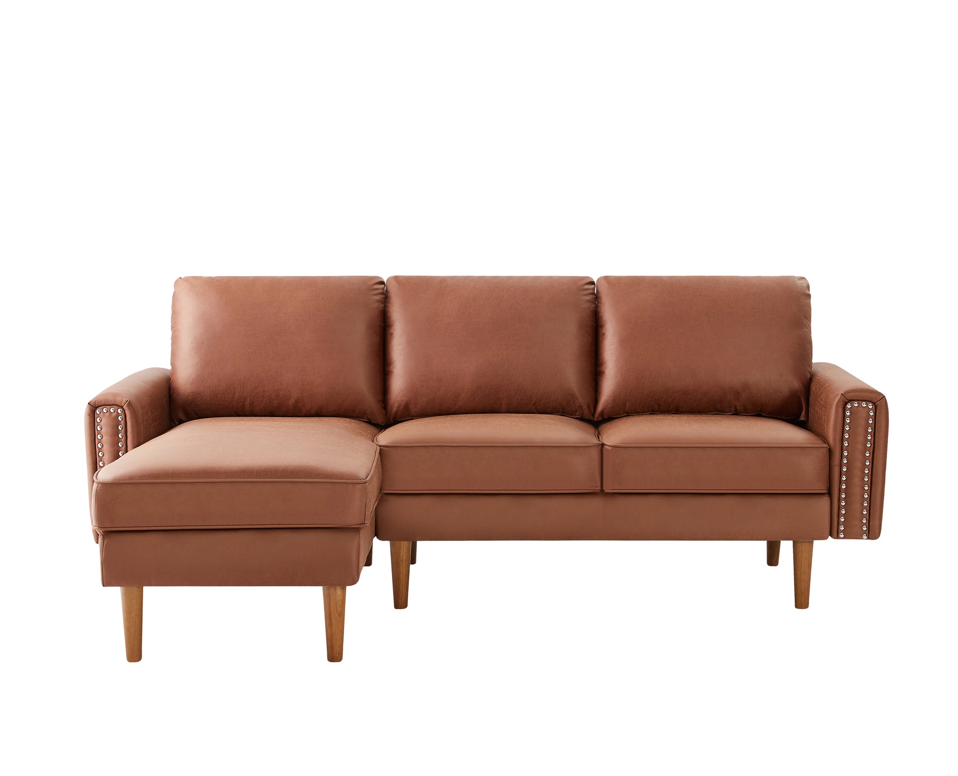 82.2"L Shape Sofa Couch With Chais Mid Century Copper Nail On Arms,Strong Wooden Leg And Suede Fabric Design That Will Complement Any Living Space.Left Chaise, Brown Brown Tech Cloth