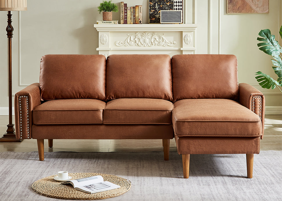 82.2"L Shape Sofa Couch With Chais Mid Century Copper Nail On Arms,Strong Wooden Leg And Suede Fabric Design That Will Complement Any Living Space.Right Chaise, Brown Brown Tech Cloth