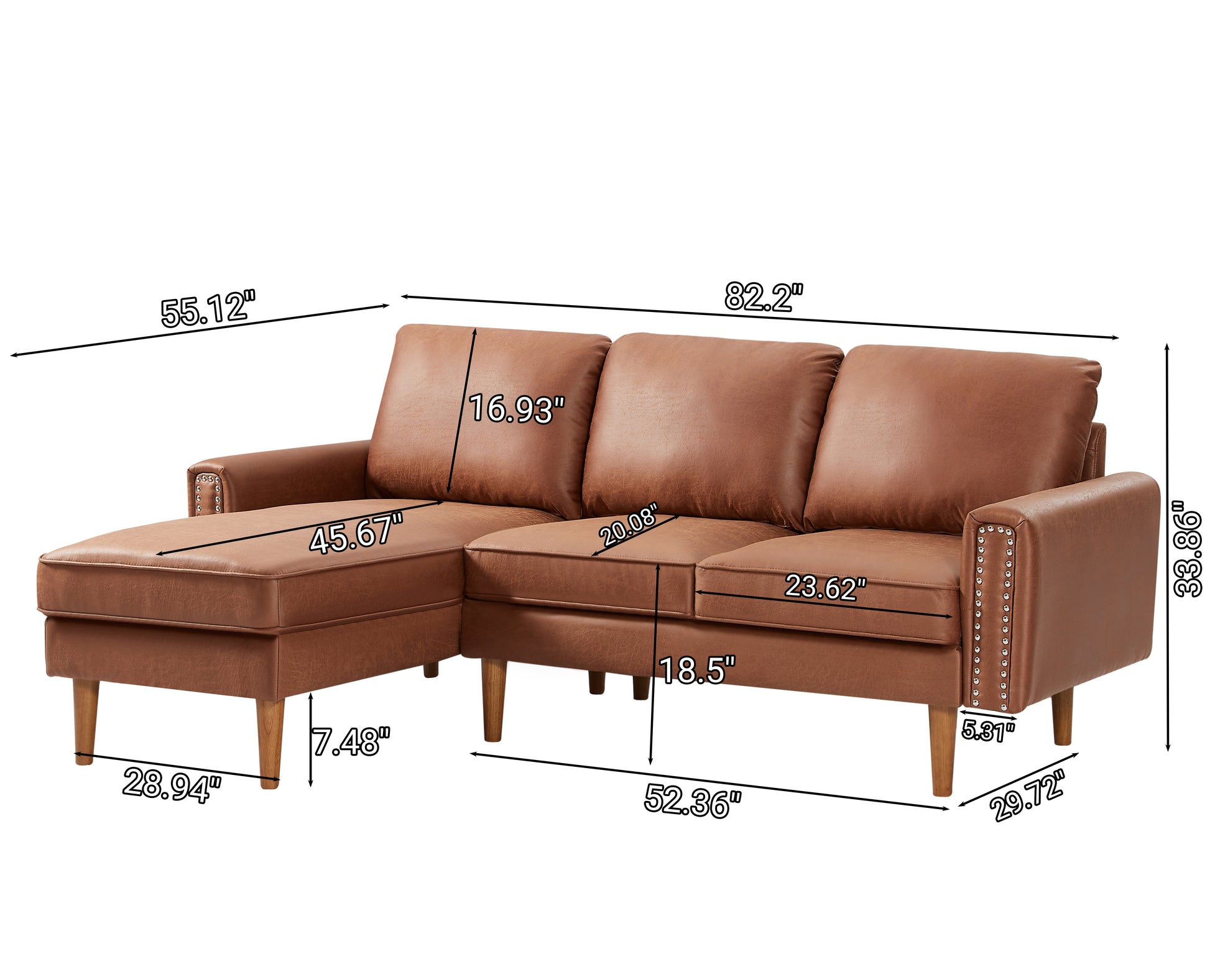 82.2"L Shape Sofa Couch With Chais Mid Century Copper Nail On Arms,Strong Wooden Leg And Suede Fabric Design That Will Complement Any Living Space.Left Chaise, Brown Brown Tech Cloth