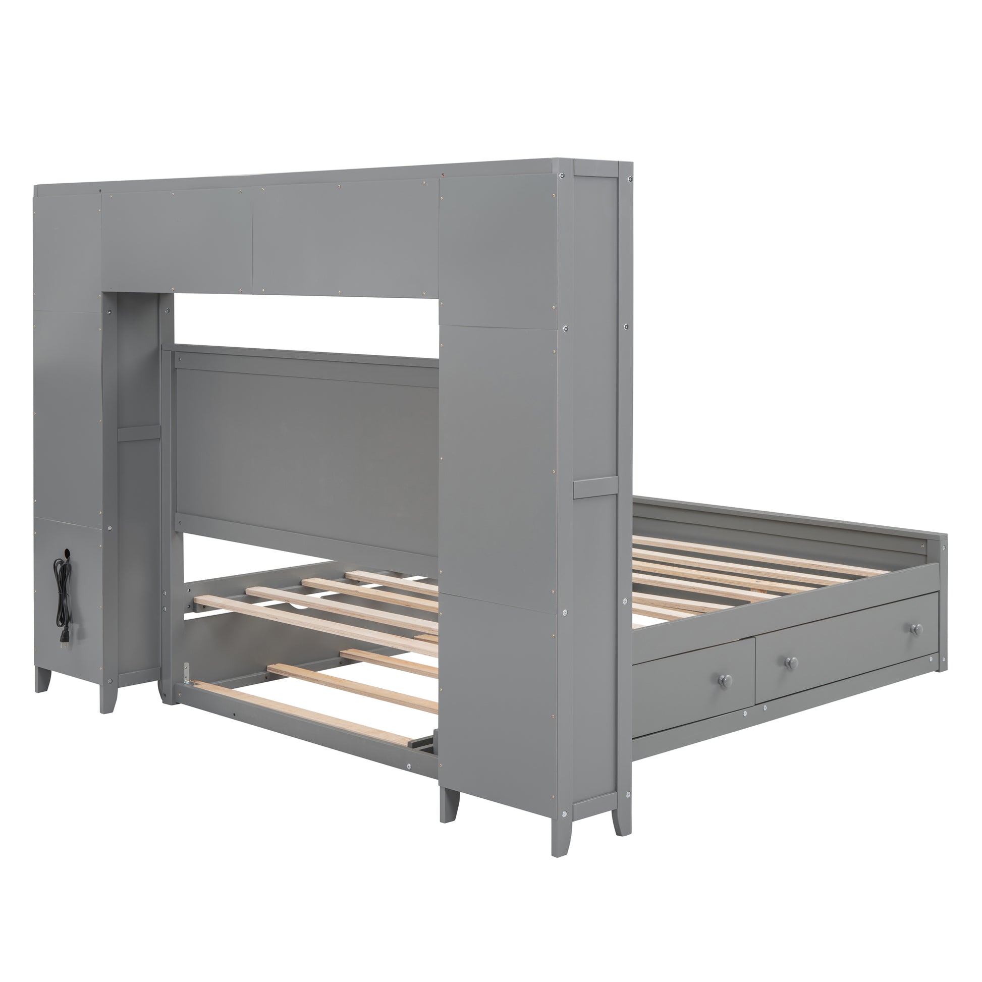 Full Size Wooden Bed With All In One Cabinet, Shelf And Sockets,Twin Size Trundle, Gray Full Gray Solid Wood