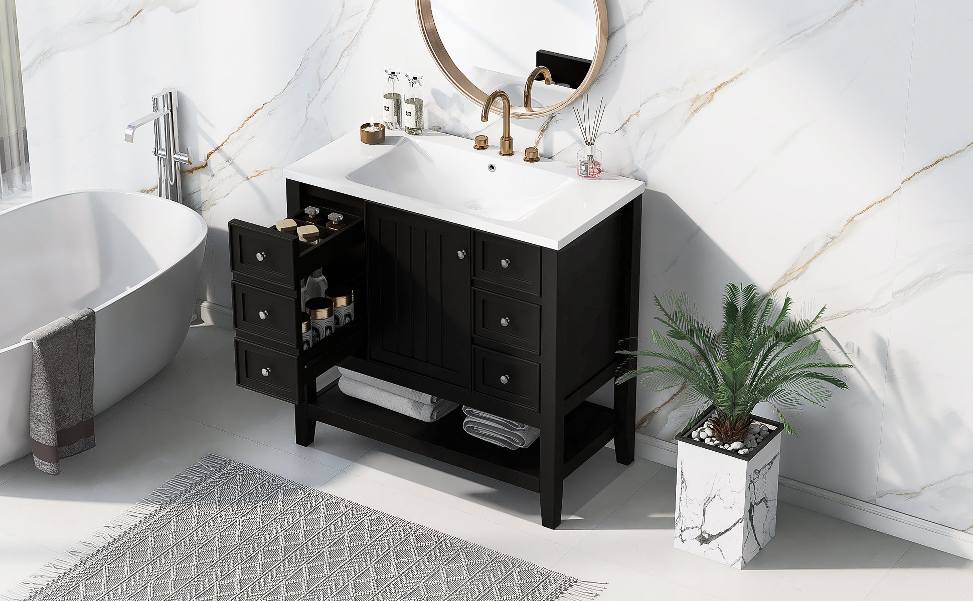 36" Bathroom Vanity With Sink Combo, One Cabinet And Three Drawers, Solid Wood And Mdf Board, Black Old Sku:Sy999505Aab Black Solid Wood Mdf
