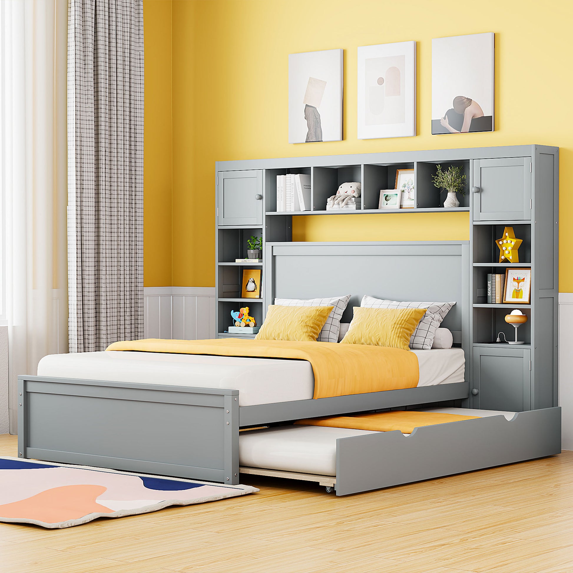 Full Size Wooden Bed With All In One Cabinet, Shelf And Sockets,Twin Size Trundle, Gray Full Gray Solid Wood