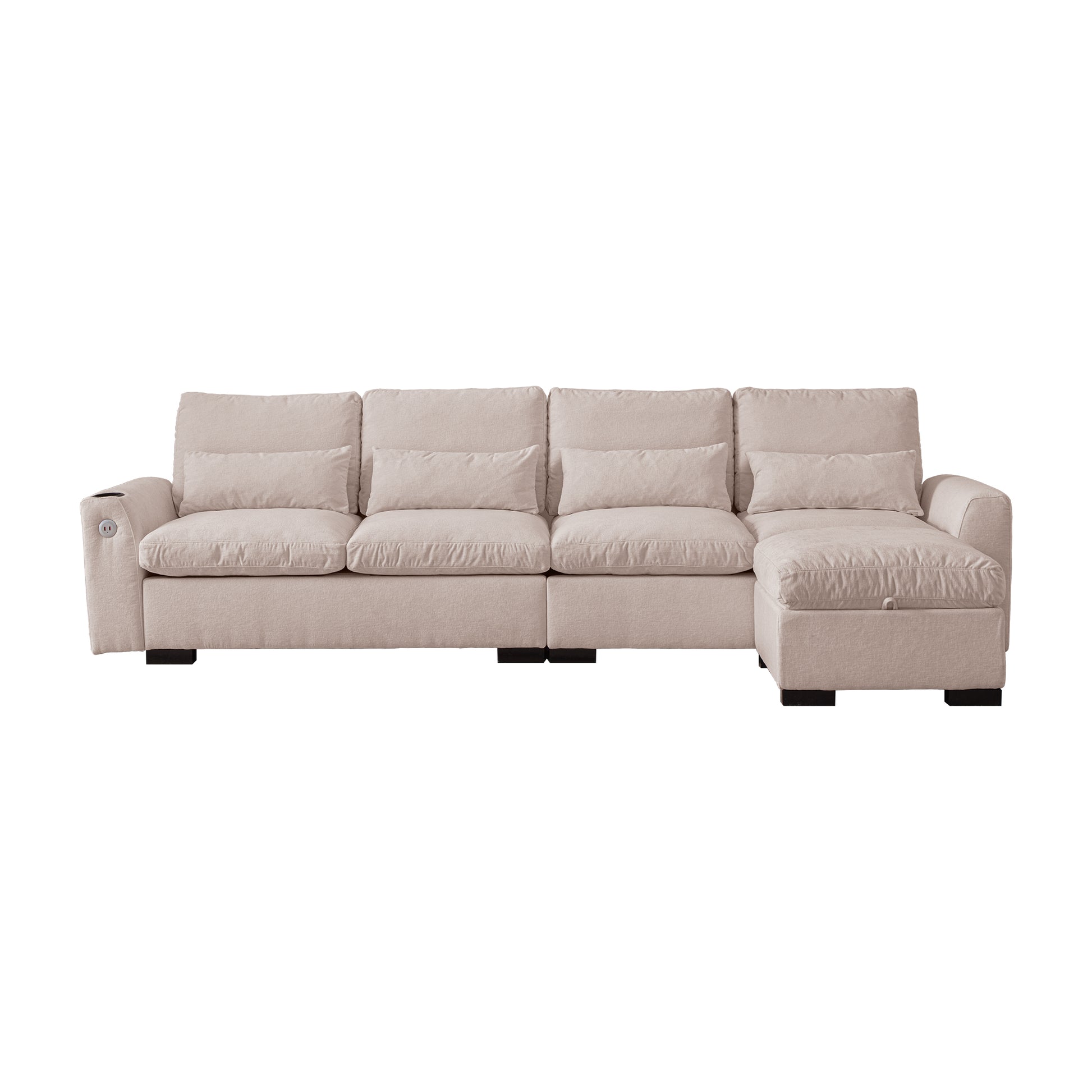 114.5"Modern Modular L Shaped Chenille Sofa Couch Reversible Ottoman With Storage Removable And Washable Cushions Sofa With Usb Ports & Cup Holder For Living Room Beige Modern Foam Chenille