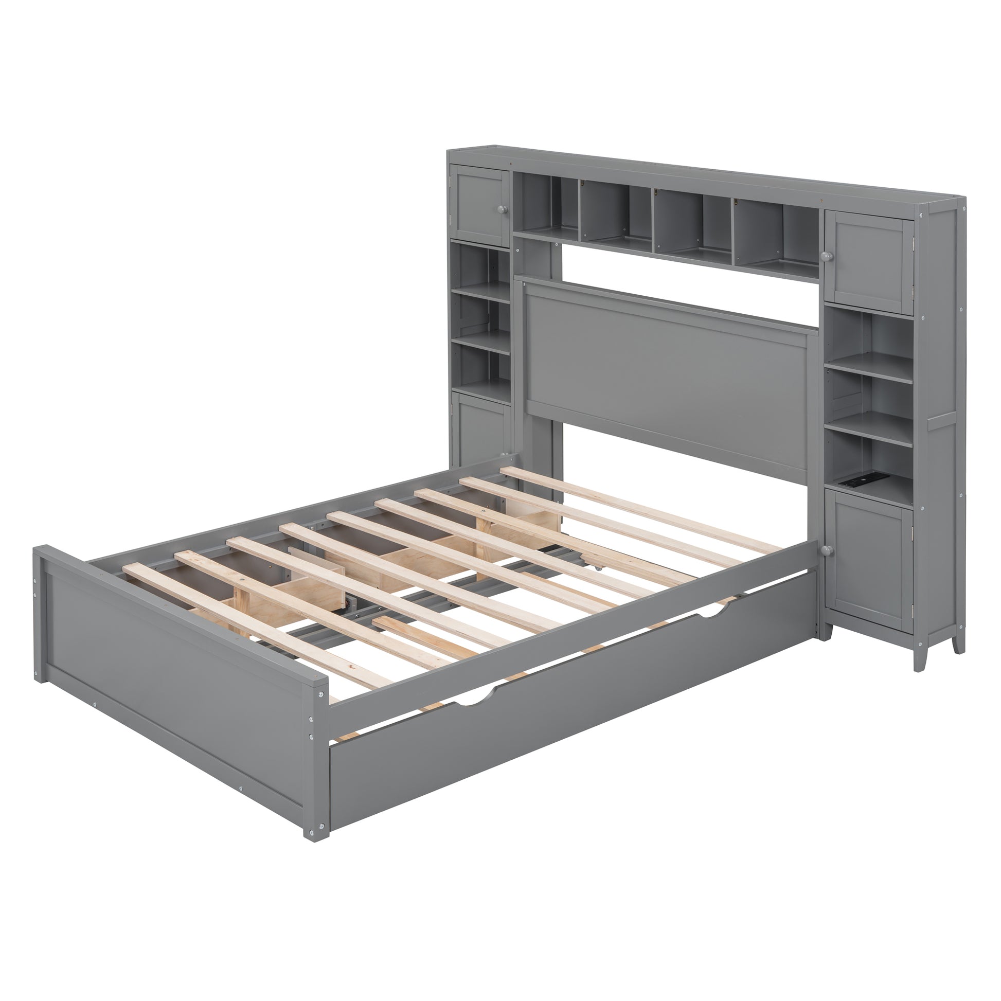 Full Size Wooden Bed With All In One Cabinet, Shelf And Sockets,Twin Size Trundle, Gray Full Gray Solid Wood