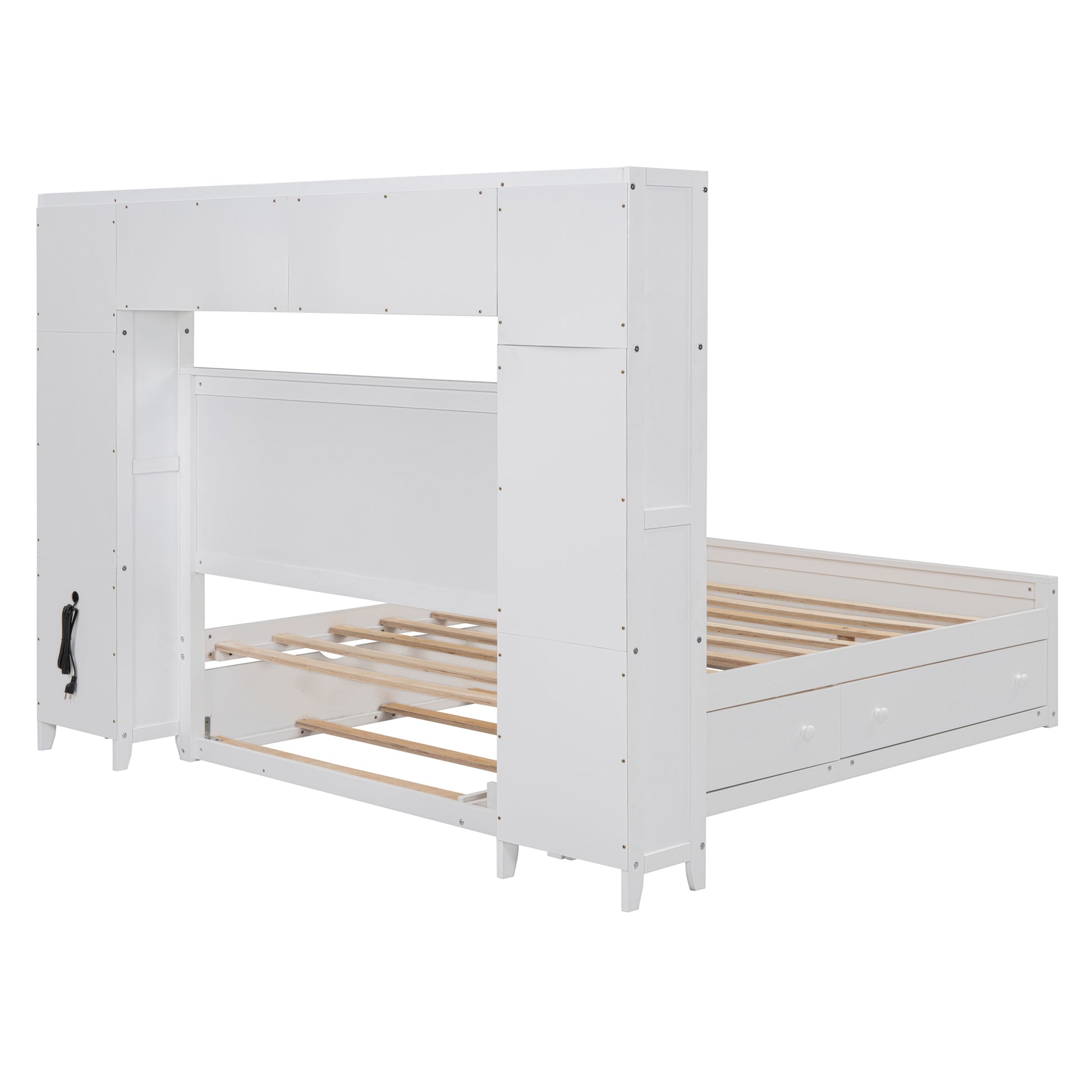 Full Size Wooden Bed With All In One Cabinet, Shelf And Sockets,Twin Size Trundle, White Full White Solid Wood