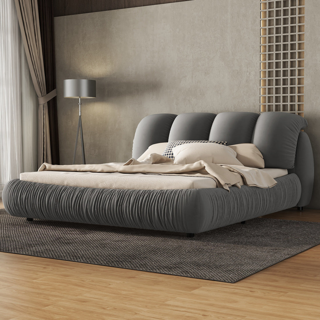 Queen Size Luxury Upholstered Bed With Thick Headboard, Velvet Queen Bed With Oversized Padded Backrest, Gray Expect Arrival Date 2024 4 2 Queen Gray Velvet