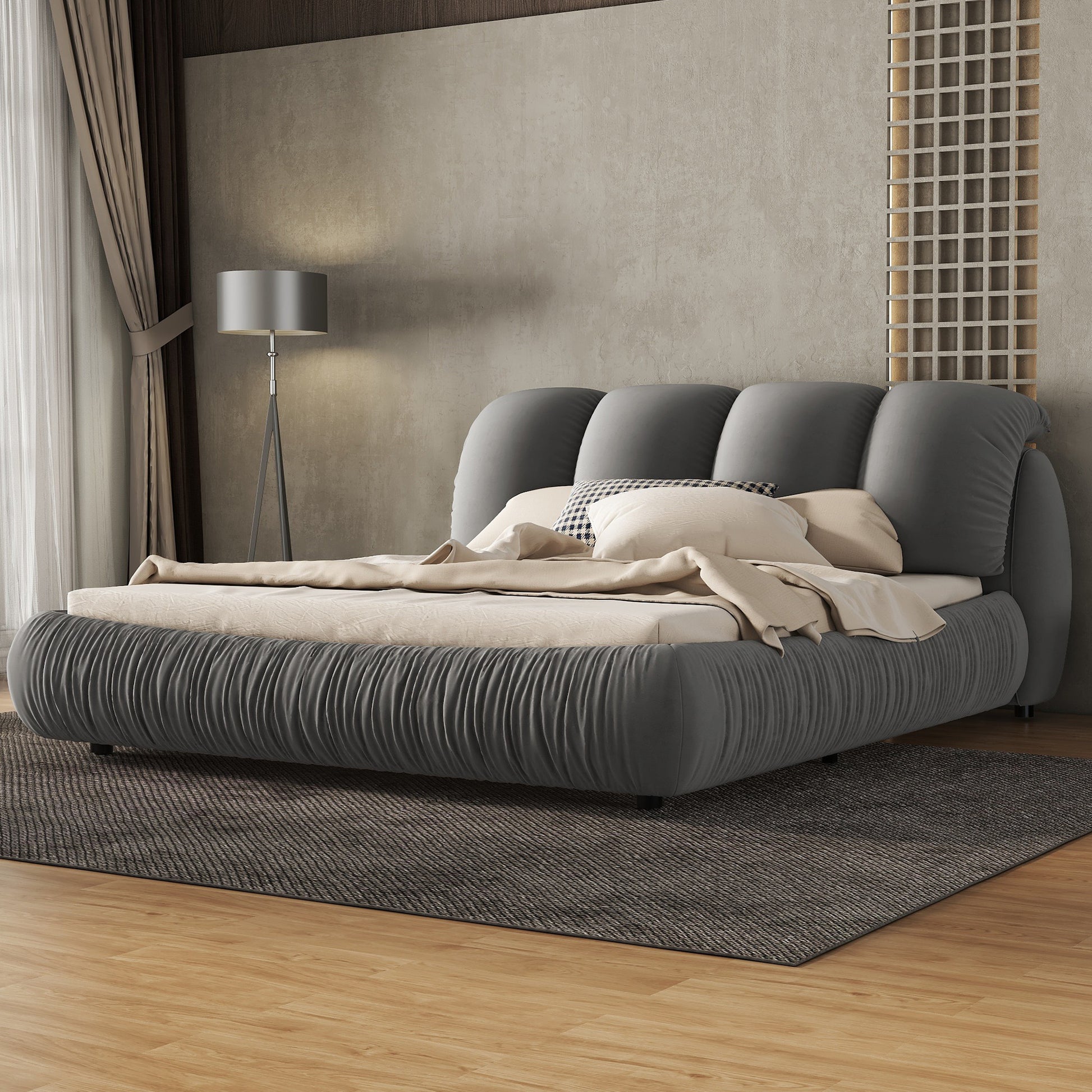 Queen Size Luxury Upholstered Bed With Thick Headboard, Velvet Queen Bed With Oversized Padded Backrest, Gray Expect Arrival Date 2024 4 2 Queen Gray Velvet