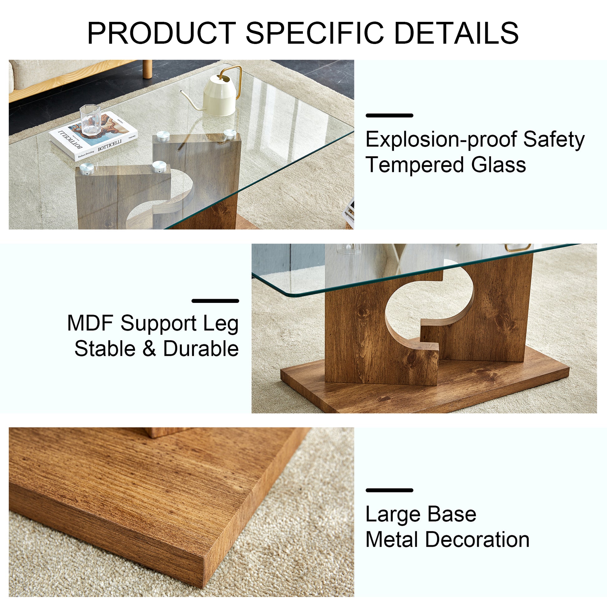 A Rectangular Modern And Fashionable Coffee Table With Tempered Glass Tabletop And Wooden Color Mdf Legs. Suitable For Living Room.47.2"*25.5"*18" Natural Wood Glass