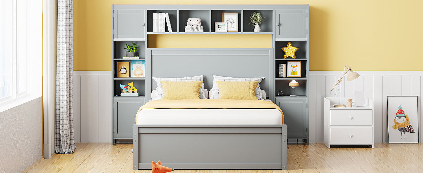 Full Size Wooden Bed With All In One Cabinet, Shelf And Sockets,Twin Size Trundle, Gray Full Gray Solid Wood