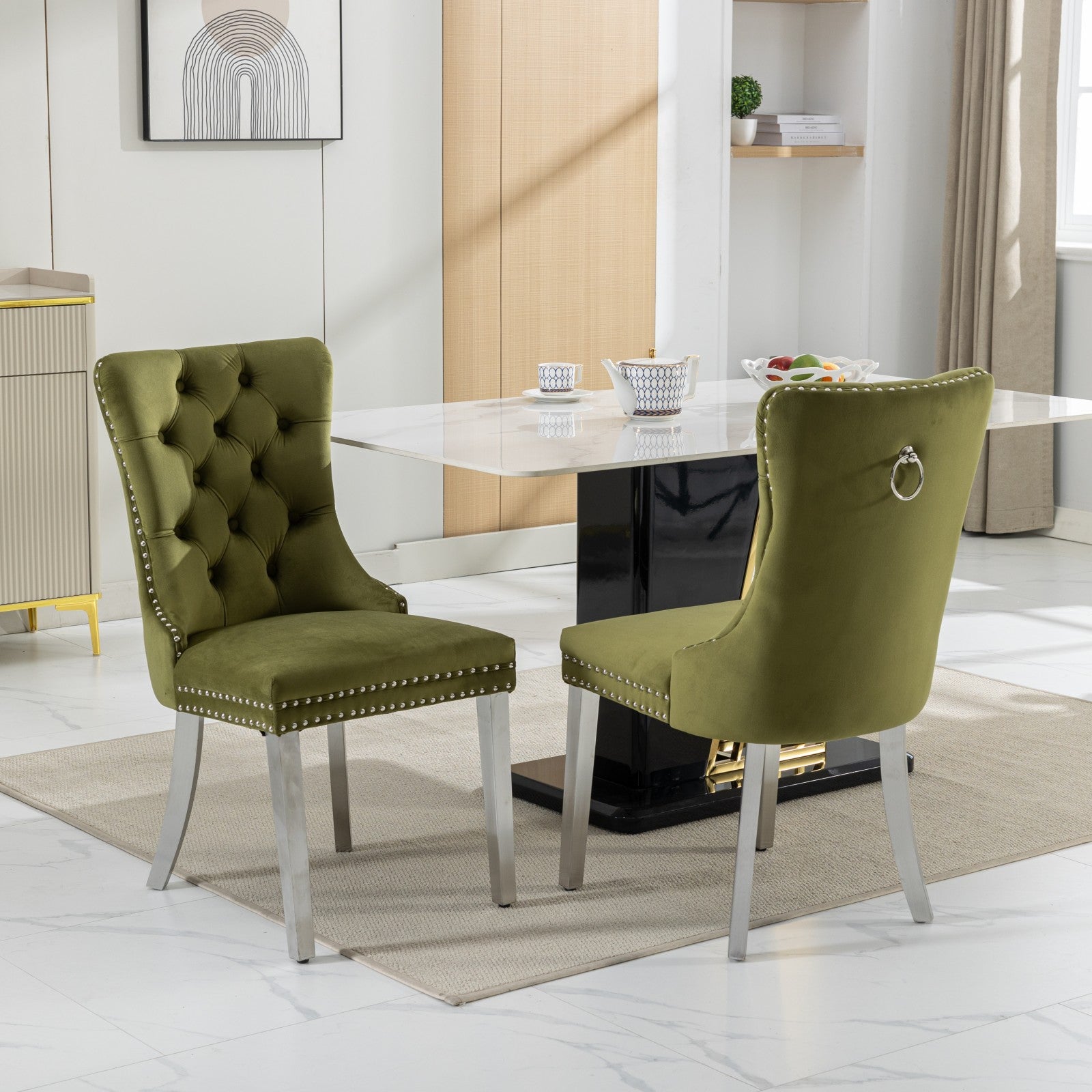 Nikki Collection Modern, High End Tufted Solid Wood Contemporary Velvet Upholstered Dining Chair With Chrome Stainless Steel Plating Legs,Nailhead Trim,Set Of 2,Olive Green And Chrome, Sw1701Ol Olive Green Dining Room American Design Rubberwood Foam