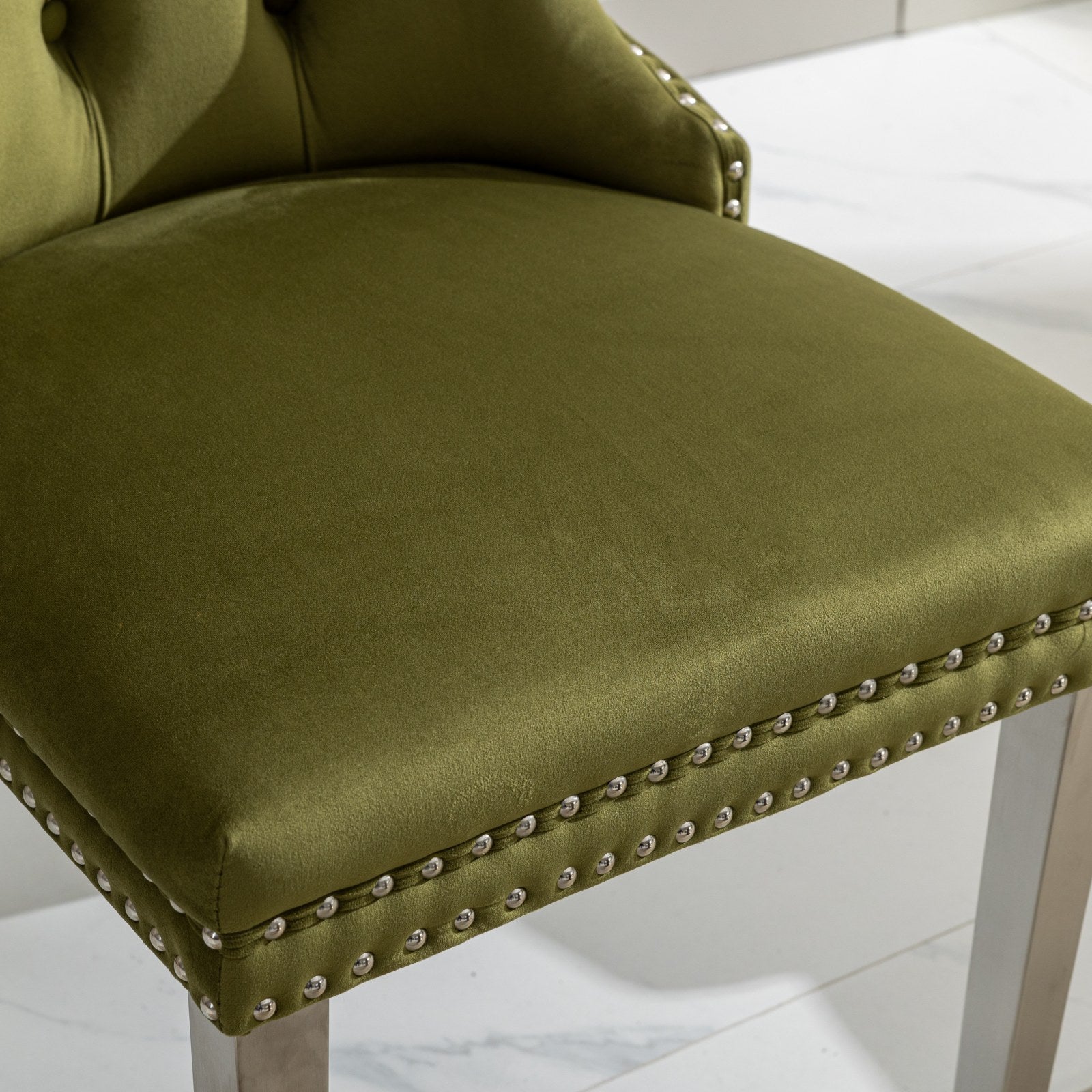 Nikki Collection Modern, High End Tufted Solid Wood Contemporary Velvet Upholstered Dining Chair With Chrome Stainless Steel Plating Legs,Nailhead Trim,Set Of 2,Olive Green And Chrome, Sw1701Ol Olive Green Dining Room American Design Rubberwood Foam