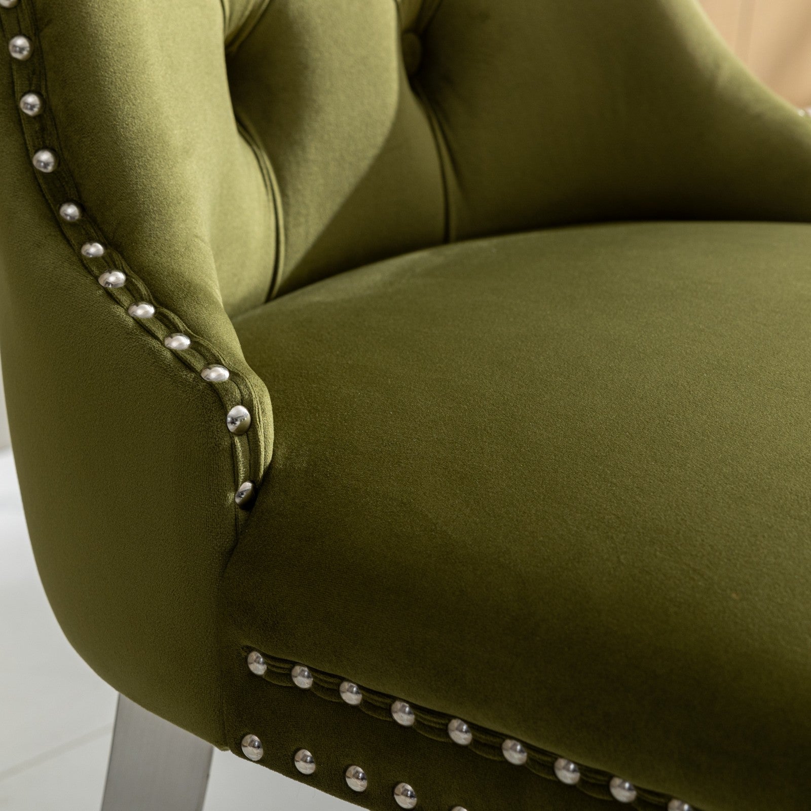 Nikki Collection Modern, High End Tufted Solid Wood Contemporary Velvet Upholstered Dining Chair With Chrome Stainless Steel Plating Legs,Nailhead Trim,Set Of 2,Olive Green And Chrome, Sw1701Ol Olive Green Dining Room American Design Rubberwood Foam
